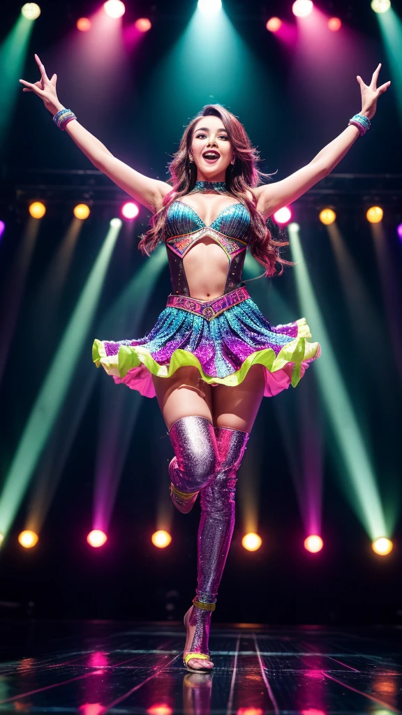 (a girl performing on stage, sexy costumes, singing while dancing, jumping) , stage performance, colorful lights, dynamic poses, energetic atmosphere, professional makeup, enthusiastic audience, modern pop music, high-energy dance moves, confident and charismatic presence, microphone in hand, synchronized choreography, stage fog, stunning visuals, vibrant background, party atmosphere, excited fans, lively music, powerful vocals, mesmerizing performance, captivating audience, energetic stage presence, choreographed jumps and spins, synchronized backup dancers, glamorous stage setup, vibrant and eye-catching costumes, lively and upbeat rhythm, electric atmosphere, dazzling performance, flashy stage effects, star-like aura, enchanting and captivating showmanship, engaging and dynamic stage presence, impressive stage presence and confidence. (best quality, highres), (realistic, vivid colors), lively and energetic art style, vibrant and dynamic color palette, dynamic lighting effects, sharp focus on details, visually stunning and eye-catching composition.