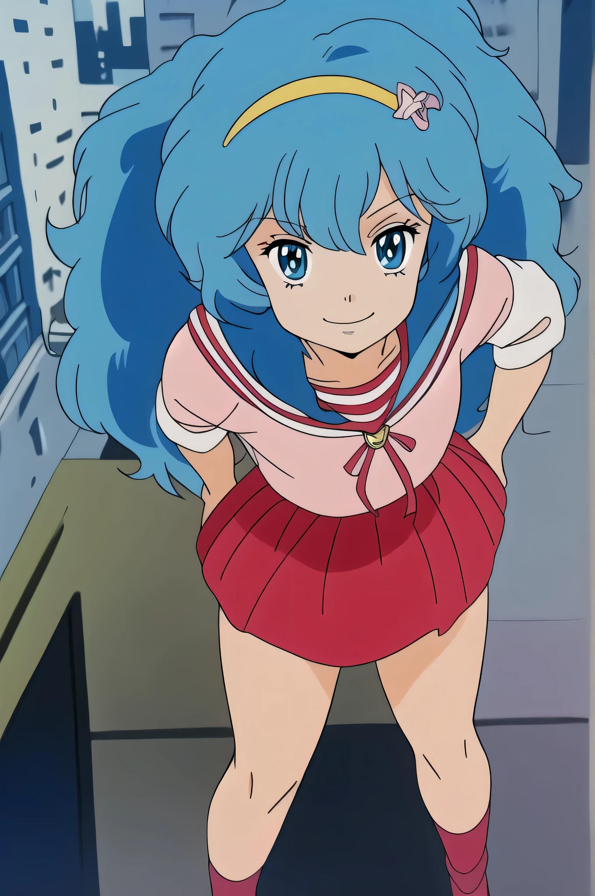 (masterpiece, top quality, very detailed, 16k anime high definition, anime style, clean brush strokes, very detailed, anatomically perfect body), ((hayami)), solo, perfect face, innocent beautiful smile, beautifully detailed eyes, slightly droopy, blue eyes, (blue hair, long hair, wavy), (medium chest: 1.1), (sailor suit, pink), (red skirt) ), Wide hips: 1.2, Big butt: 1.2, Beautiful legs, (Standing, in front), Looking at the viewer, (City background), Photo taken above the knee,