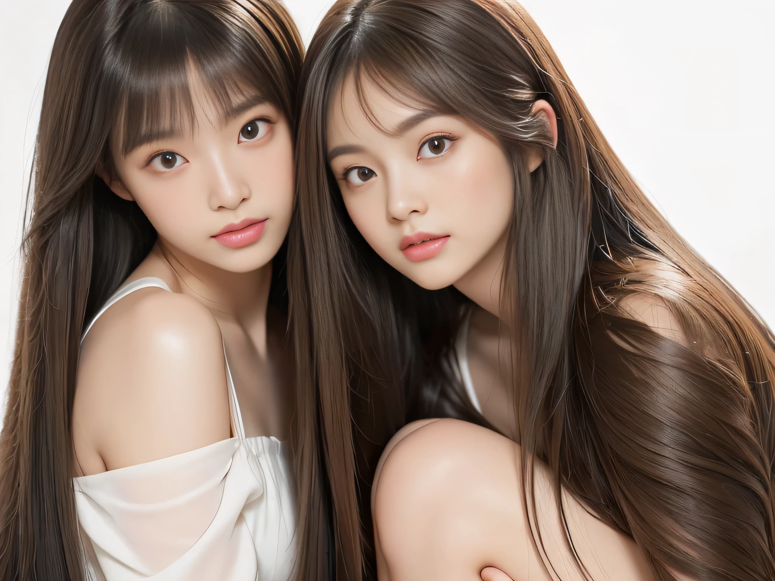 (Photos of twins who look as alike as fingernails) (Knee-length shot of a woman) ((Close-up of two people from the neck up)) ((Beautiful 24 year old hair model with long light brown hair Fell straight down Reaches up to the kneeVery long hair highest quality Highest detail Reaches up to the knee、Very long hair that lasts forever:1.3 Flowing Hair 私ncredibly straight hair Very shiny そして thick hair Abnormally long hair that lasts forever Flowing Hair on both ends long hair up to the knees:1.2 long hair up to the knees:1.2 Thick and shiny hair Very free hair Abnormally long hair!!!!! Beautiful silky hair Beautiful and shiny hair Beautiful and shiny hair Beautiful silky hair Hair that grows to the knees Very very, Very long hair!!!!! Very very, Very long hair!!!!!)) (highest quality The best ultra-fine Reaches up to the knee、Very long hair that lasts forever Flowing Hair Her hair is gently permed Very shiny そして thick hair Abnormally long hair that lasts forever Flowing Hair on both ends long hair up to the knees:1.2 long hair up to the knees:1.2 Thick and shiny hair Very free hair Abnormally long hair!!!!! Beautiful silky hair Super long hair down to the knees Beautiful and shiny hair Beautiful and shiny hair Beautiful silky hair Hair that grows to the knees Very very, Very long hair!!!!! Very very, Very long hair!!!!!)) (Her bangs are perfectly trimmed and straight down.:1.3) ((Her hair color is light brown:1.5)) (Pure white wall background:1.8 Pure White Sofa) (Japan'The sexiest and most beautiful 24 year old model) (She looks at the viewer with a very seductive expression......) ((highest quality)), ((masterpiece)), (Familiar) (Get used to it) Perfect Face (Her skin is a typical Japanese skin color.. And very detailed) (Big Breasts:1.3) (She is wearing a shiny white camisole.) (She has a beautiful face and a typical Japanese figure...., Narrow eyes) (She has perfect 美しい and sexy makeup and face Lipstick is light red A solid eyeliner) ((Rich 1.4)) (Extremely detailed 8K) (Ultra-fine skin texture 1.4) (Actual, Vibrant:1.4), double eyelid Sharp focus:1.2、Beautiful woman:1.4 Dynamic Lighting (Genuine RAW photos taken by professional photographers) Professional Hair Shine. (She has a bright and cheerful face) (Her face is slim and dignified.., length, Narrow eyes..々Nice face)