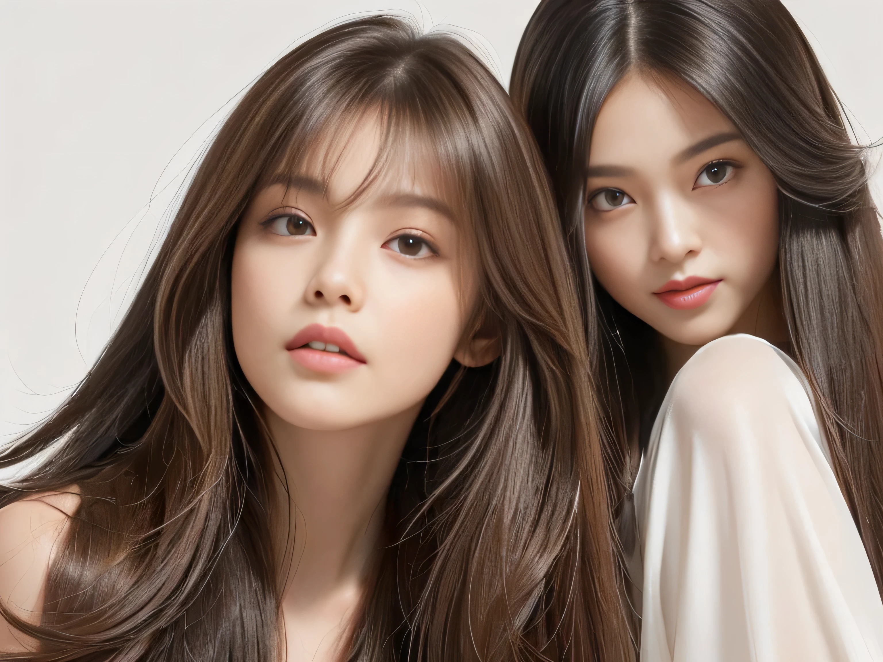 (Photos of twins who look as alike as fingernails)　(Knee-length shot of a woman)　((Close-up of two people from the neck up))　((Beautiful 24 year old hair model with long light brown hair　Fell straight down　Reaches up to the kneeVery long hair　highest quality　Highest detail　Reaches up to the knee、Very long hair that lasts forever:1.3　Flowing Hair　私ncredibly straight hair　Very shiny そして thick hair　Abnormally long hair that lasts forever　Flowing Hair on both ends　long hair up to the knees:1.2　long hair up to the knees:1.2　Thick and shiny hair　Very free hair　Abnormally long hair!!!!!　Beautiful silky hair　　Beautiful and shiny hair　Beautiful and shiny hair　Beautiful silky hair　Hair that grows to the knees　Very very, Very long hair!!!!!　Very very, Very long hair!!!!!))　(highest quality　The best ultra-fine　Reaches up to the knee、Very long hair that lasts forever　Flowing Hair　Her hair is gently permed　Very shiny そして thick hair　Abnormally long hair that lasts forever　Flowing Hair on both ends　long hair up to the knees:1.2　long hair up to the knees:1.2　Thick and shiny hair　Very free hair　Abnormally long hair!!!!!　Beautiful silky hair　Super long hair down to the knees　Beautiful and shiny hair　Beautiful and shiny hair　Beautiful silky hair　Hair that grows to the knees　Very very, Very long hair!!!!!　Very very, Very long hair!!!!!))　(Her bangs are perfectly trimmed and straight down.:1.3)　((Her hair color is light brown:1.5))　(Pure white wall background:1.8 Pure White Sofa)　(Japan&#39;The sexiest and most beautiful 24 year old model)　(She looks at the viewer with a very seductive expression......)　((highest quality)), ((masterpiece)), (Familiar)　(Get used to it)　Perfect Face　(Her skin is a typical Japanese skin color..　And very detailed)　　(Big Breasts:1.3)　(She is wearing a shiny white camisole.)　(She has a beautiful face and a typical Japanese figure...., Narrow eyes)　(She has perfect 美しい and sexy makeup and face　Lipstick is light red　A solid eyeliner)　((Rich 1.4))　(Extremely detailed 8K)　(Ultra-fine skin texture 1.4)　(Actual, Vibrant:1.4), double eyelid　Sharp focus:1.2、Beautiful woman:1.4　Dynamic Lighting　(Genuine RAW photos taken by professional photographers)　　Professional Hair Shine.　(She has a bright and cheerful face)　(Her face is slim and dignified.., length, Narrow eyes..々Nice face)