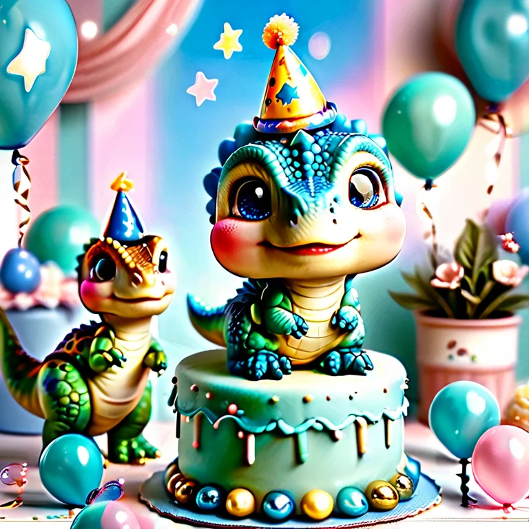 (best quality,4k,8k,highres,masterpiece:1.2),ultra-detailed,(realistic,photorealistic,photo-realistic:1.37),four baby dinosaurs,celebrating a birthday,beautiful two-tiered blue cake,party decorations, colorful balloons,shiny stars,pastel colors,joyful atmosphere,friendly dinosaurs,playful gestures,present boxes,green grass,cute party hats,birthday candles,festive atmosphere