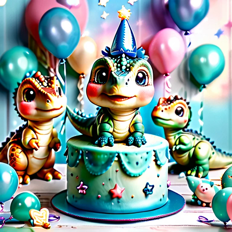 (best quality,4k,8k,highres,masterpiece:1.2),ultra-detailed,(realistic,photorealistic,photo-realistic:1.37),four baby dinosaurs,celebrating a birthday,beautiful two-tiered blue cake,party decorations, colorful balloons,shiny stars,pastel colors,joyful atmosphere,friendly dinosaurs,playful gestures,present boxes,green grass,cute party hats,birthday candles,festive atmosphere