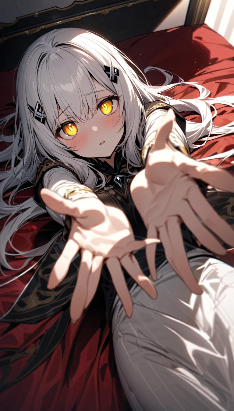 Flowing white hair. Melancholy eyes. Yellow pupils. Black diamond-shaped hairpins. Lying down a very large, soft red silk bed. arm support, arms up, incoming hug, pov, reaching, reaching towards viewer, looking at viewer, cowboy shot, dutch angle, lying down,