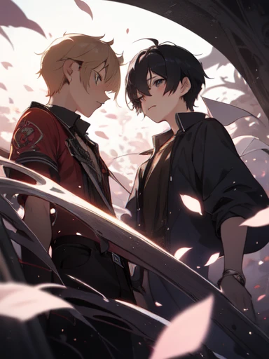 2 people, 2 shots, looking away, boy, 14 years old, friends, petals, stand, serious mood, 2 people, midnight, perfect composition, trending pixiv fanbox, clear eyes, anime hand drawn illustration, (perfect anatomy), (ingenious angle), beautiful composition,