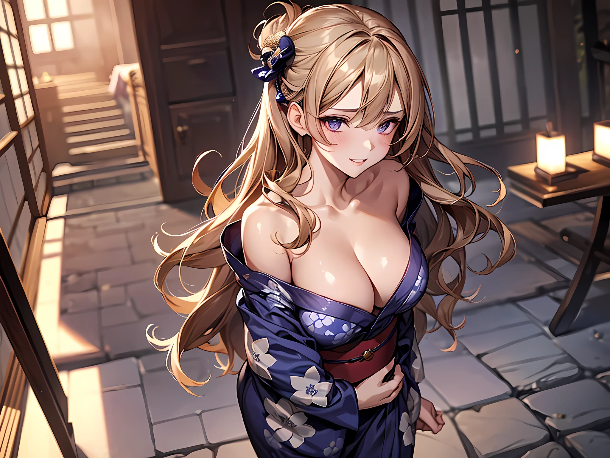 1 woman, (masutepiece:1.3),purple off shoulder yukata(((Emphasis on big breasts and cleavage、)))High resolution, ultra-detailliert, the Extremely Detailed CG Unity 8K Wallpapers, Realistic, Photorealsitic, Raw photo, beautifull detailed face, pale skin, realistic glistening skin, Detailed Cloth Texture, detailed hair texture, Perfect body, Beautiful face, acurate, Anatomically correct, Highly detailed face and skin texture, Natural neck length, (Beautiful hands), (Fair skin:1.2), thin legs, Thin feet, (Aligned teeth:1.1), BREAK, Detailed eyes, symmetrical eye, Light brown eyes, Double eyelids, Thin eyebrows, (Glossy lips:1.4), ((Provocative smile:1.2)), (blush:1.1), (Small hair accessories that sparkle:1.1), BREAK, (Classy and cute girl:1.3), (Wearing (navy blue yukata:1.2) With a white floral pattern:1.2), BREAK, big breasts, celavage Slender figure, Firm abs, ((up do hairstyle, Dark blonde hair, Wavy Hair, Long hair, side-swept bangs, stray hair:1.2)), (Close Up Shot:1.2), (Look with upturned eyes:1.2), (Focus on Face:1.2), From above:0.5, BREAK, Walk through an old Japanese hot spring town