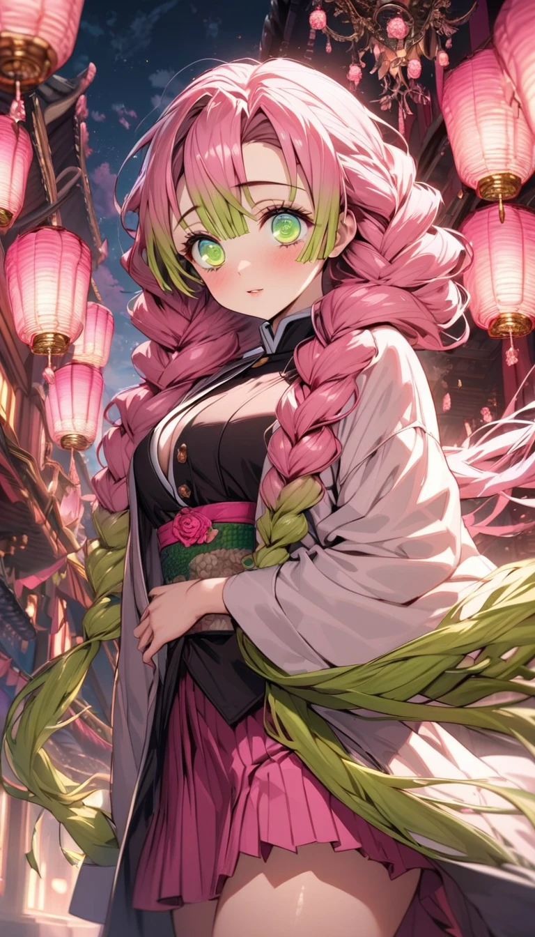 absurdres, highres, ultra detailed, HDR, masterpiece, extremely detailed face and eyes, beautiful eyes, amazing detailed eyes, extremely detailed features, Kanroji Mitsuri, expressive green eyes, pink hair, Kimetsu No Yaiba, solo, girl, beautiful, fantasy world, pink roses, pink curtains, shining pink lanterns, chandelier, sky, pink moon