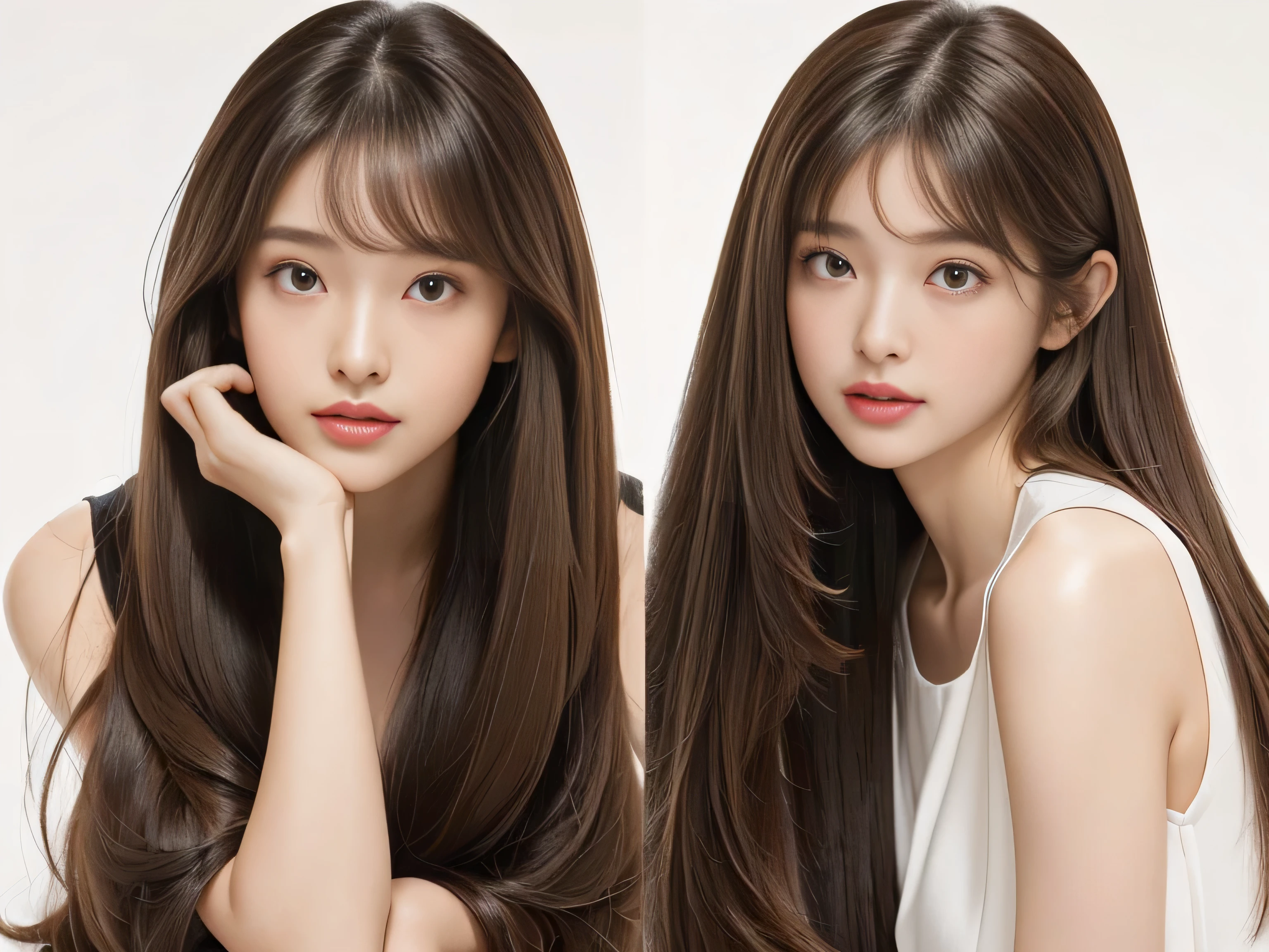 (Photos of twins who look as alike as fingernails) (Knee-length shot of a woman) ((Close-up of two people from the neck up)) ((Beautiful 24 year old hair model with long light brown hair Fell straight down Reaches up to the kneeVery long hair highest quality Highest detail Reaches up to the knee、Very long hair that lasts forever:1.3 Flowing Hair 私ncredibly straight hair Very shiny そして thick hair Abnormally long hair that lasts forever Flowing Hair on both ends long hair up to the knees:1.2 long hair up to the knees:1.2 Thick and shiny hair Very free hair Abnormally long hair!!!!! Beautiful silky hair Beautiful and shiny hair Beautiful and shiny hair Beautiful silky hair Hair that grows to the knees Very very, Very long hair!!!!! Very very, Very long hair!!!!!)) (highest quality The best ultra-fine Reaches up to the knee、Very long hair that lasts forever Flowing Hair Her hair is gently permed Very shiny そして thick hair Abnormally long hair that lasts forever Flowing Hair on both ends long hair up to the knees:1.2 long hair up to the knees:1.2 Thick and shiny hair Very free hair Abnormally long hair!!!!! Beautiful silky hair Super long hair down to the knees Beautiful and shiny hair Beautiful and shiny hair Beautiful silky hair Hair that grows to the knees Very very, Very long hair!!!!! Very very, Very long hair!!!!!)) (Her bangs are perfectly trimmed and straight down.:1.3) ((Her hair color is light brown:1.5)) (Pure white wall background:1.8 Pure White Sofa) (Japan'The sexiest and most beautiful 24 year old model) (She looks at the viewer with a very seductive expression......) ((highest quality)), ((masterpiece)), (Familiar) (Get used to it) Perfect Face (Her skin is a typical Japanese skin color.. And very detailed) (Big Breasts:1.3) (She is wearing a shiny white camisole.) (She has a beautiful face and a typical Japanese figure...., Narrow eyes) (She has perfect 美しい and sexy makeup and face Lipstick is light red A solid eyeliner) ((Rich 1.4)) (Extremely detailed 8K) (Ultra-fine skin texture 1.4) (Actual, Vibrant:1.4), double eyelid Sharp focus:1.2、Beautiful woman:1.4 Dynamic Lighting (Genuine RAW photos taken by professional photographers) Professional Hair Shine. (She has a bright and cheerful face) (Her face is slim and dignified.., length, Narrow eyes..々Nice face)