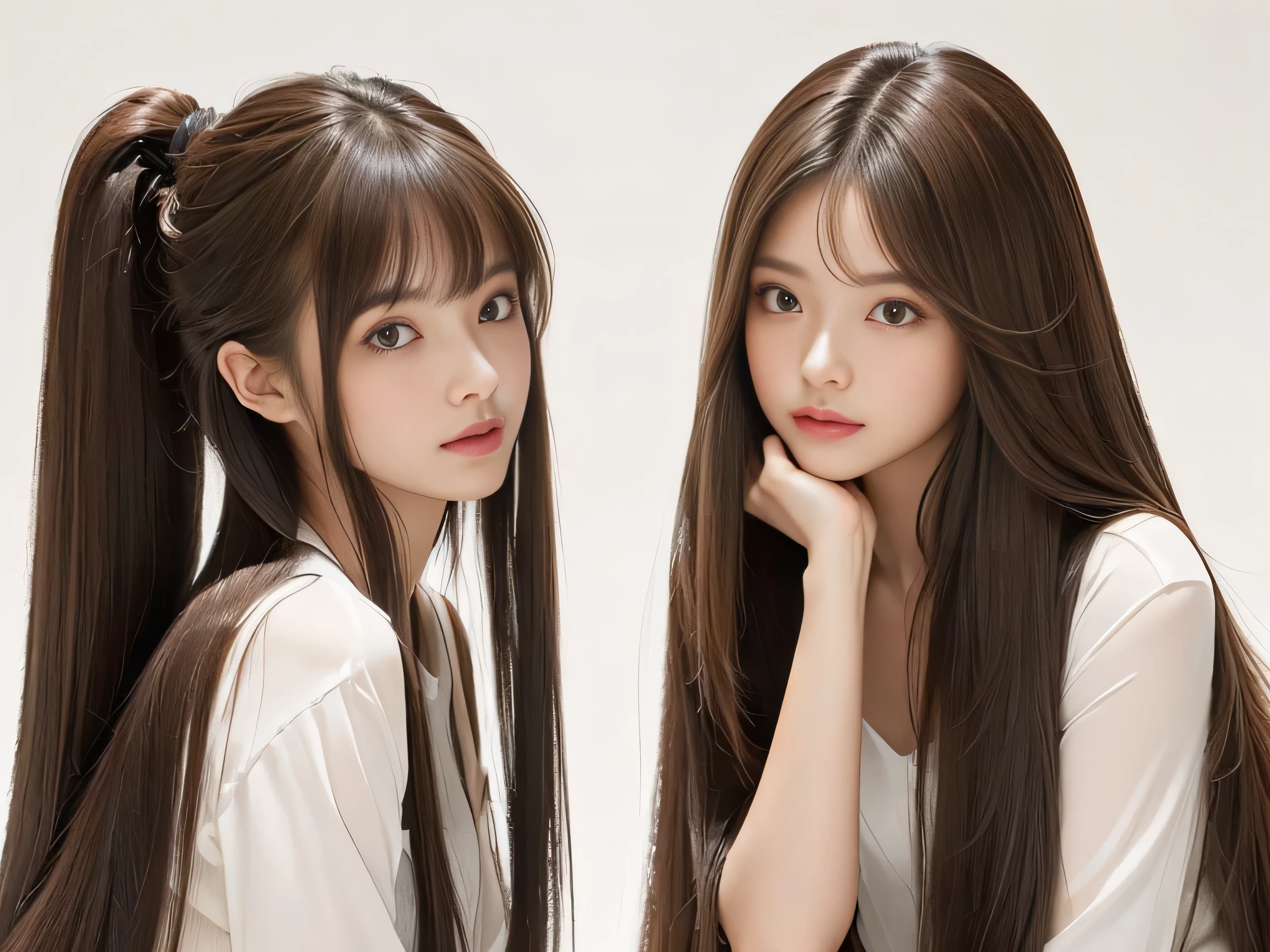 (Photos of twins who look as alike as fingernails)　(Knee-length shot of a woman)　((Close-up of two people from the neck up))　((Beautiful 24 year old hair model with long light brown hair　Fell straight down　Reaches up to the kneeVery long hair　highest quality　Highest detail　Reaches up to the knee、Very long hair that lasts forever:1.3　Flowing Hair　私ncredibly straight hair　Very shiny そして thick hair　Abnormally long hair that lasts forever　Flowing Hair on both ends　long hair up to the knees:1.2　long hair up to the knees:1.2　Thick and shiny hair　Very free hair　Abnormally long hair!!!!!　Beautiful silky hair　　Beautiful and shiny hair　Beautiful and shiny hair　Beautiful silky hair　Hair that grows to the knees　Very very, Very long hair!!!!!　Very very, Very long hair!!!!!))　(highest quality　The best ultra-fine　Reaches up to the knee、Very long hair that lasts forever　Flowing Hair　Her hair is gently permed　Very shiny そして thick hair　Abnormally long hair that lasts forever　Flowing Hair on both ends　long hair up to the knees:1.2　long hair up to the knees:1.2　Thick and shiny hair　Very free hair　Abnormally long hair!!!!!　Beautiful silky hair　Super long hair down to the knees　Beautiful and shiny hair　Beautiful and shiny hair　Beautiful silky hair　Hair that grows to the knees　Very very, Very long hair!!!!!　Very very, Very long hair!!!!!))　(Her bangs are perfectly trimmed and straight down.:1.3)　((Her hair color is light brown:1.5))　(Pure white wall background:1.8 Pure White Sofa)　(Japan&#39;The sexiest and most beautiful 24 year old model)　(She looks at the viewer with a very seductive expression......)　((highest quality)), ((masterpiece)), (Familiar)　(Get used to it)　Perfect Face　(Her skin is a typical Japanese skin color..　And very detailed)　　(Big Breasts:1.3)　(She is wearing a shiny white camisole.)　(She has a beautiful face and a typical Japanese figure...., Narrow eyes)　(She has perfect 美しい and sexy makeup and face　Lipstick is light red　A solid eyeliner)　((Rich 1.4))　(Extremely detailed 8K)　(Ultra-fine skin texture 1.4)　(Actual, Vibrant:1.4), double eyelid　Sharp focus:1.2、Beautiful woman:1.4　Dynamic Lighting　(Genuine RAW photos taken by professional photographers)　　Professional Hair Shine.　(She has a bright and cheerful face)　(Her face is slim and dignified.., length, Narrow eyes..々Nice face)