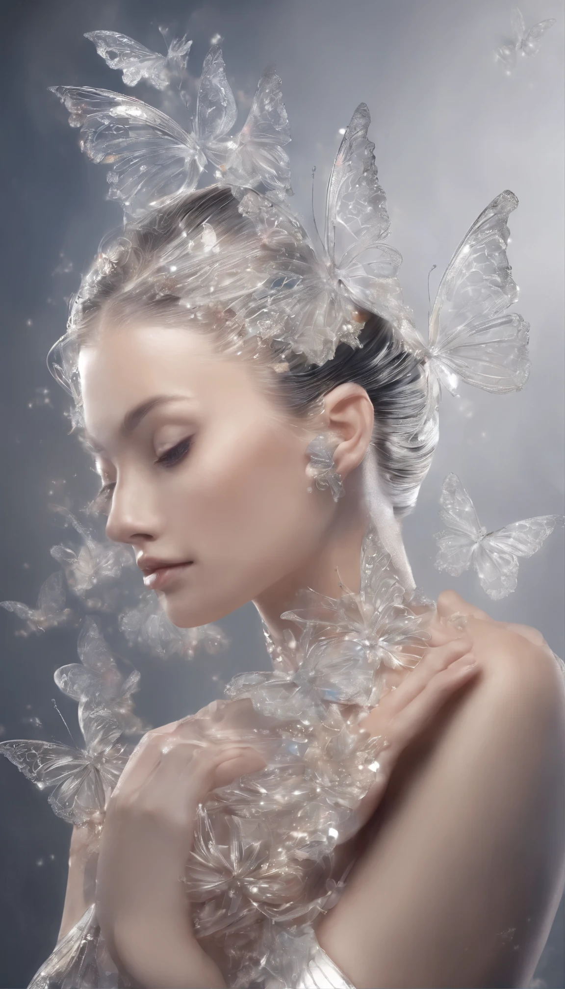 Crystal butterfly,butterflys,Beautiful wings, Transparent body, Sparkling crystals, Delicate tentacles, vivd colour, Surreal background, ethereallight, flashing reflection, Complicated details, mysterious atmosphere,Fantastical, galaxias, cleanness, Sparkling, Sparkling, splendor, Colorful, amazing cinematography, dramatic lights, photo-realism, ultra - detailed, 4K, depth of fields, A high resolution