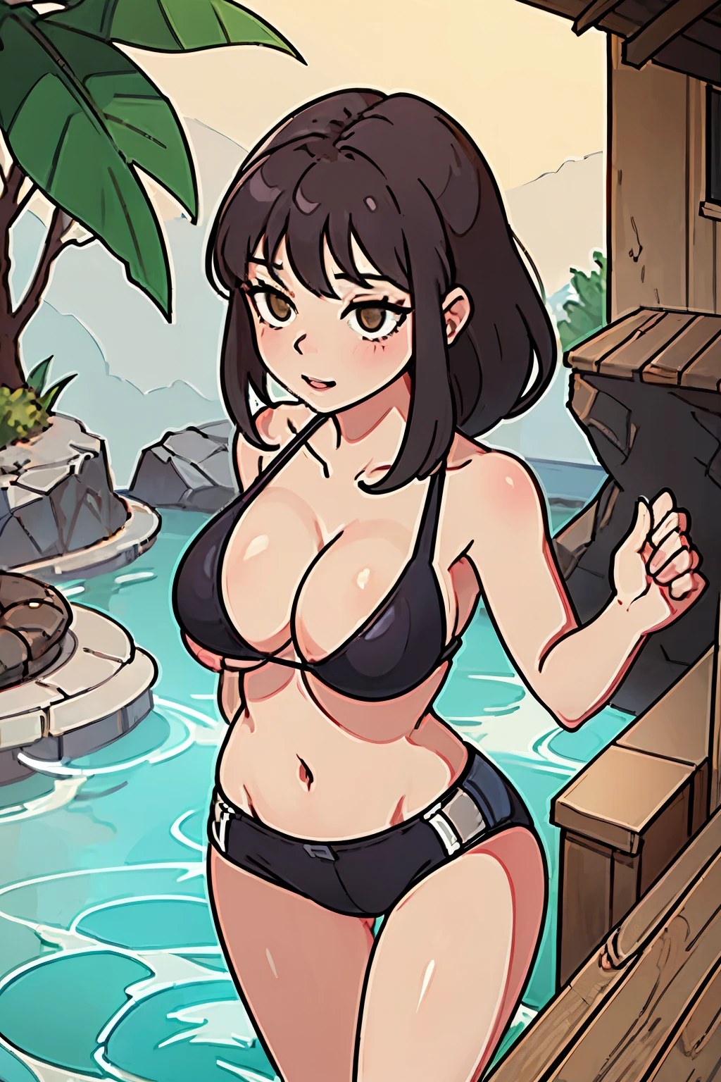 A girl with big breast and big ass short sexy bikini in hot hot spring