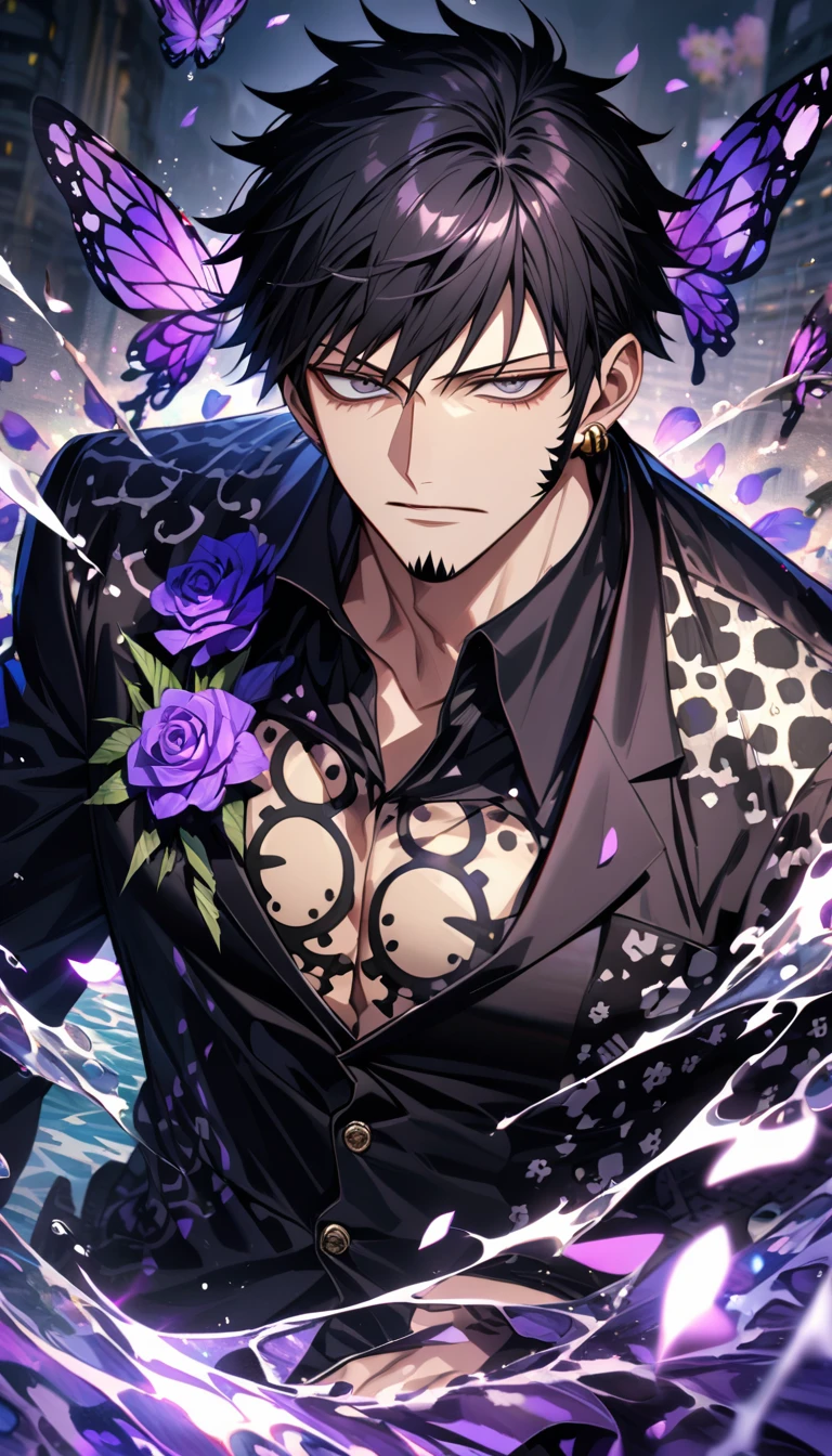 absurdres, highres, ultra detailed, HDR, master piece, best quality, Chrollo Lucilfer, black hair, expressive brown eyes, cross tattoo on the forehead, Hunter x Hunter, black leather coat, blue earrings, black gloves, solo, sexy man, handsome, toned chest, water, purple butterflies, purple flowers, petals