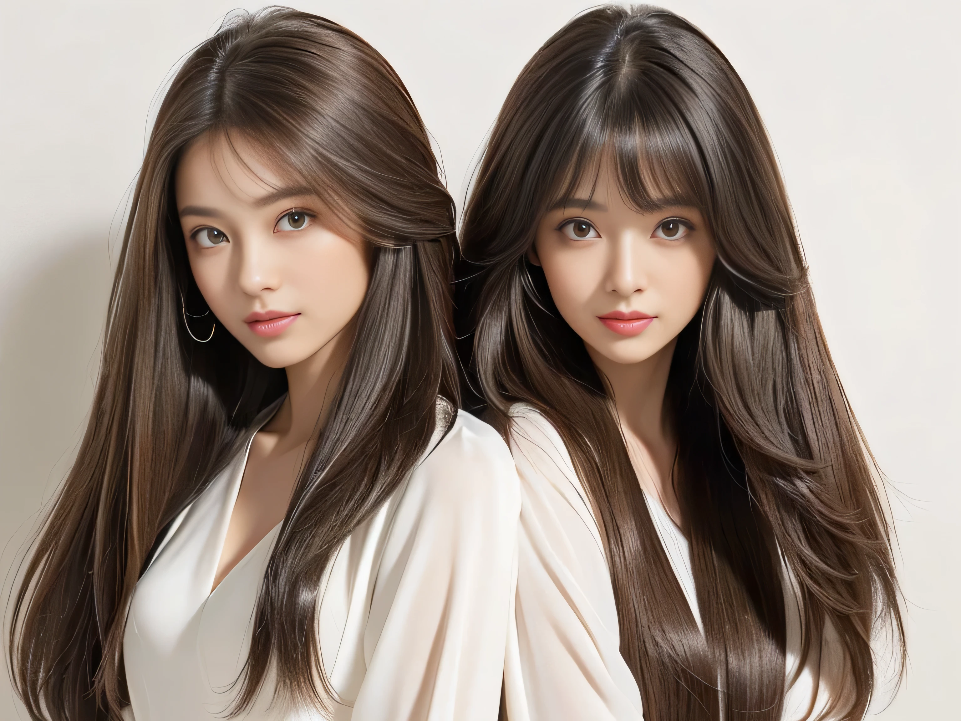 (Photos of twins who look as alike as fingernails) (Knee-length shot of a woman) ((Close-up of two people from the neck up)) ((Beautiful 24 year old hair model with long light brown hair Fell straight down Reaches up to the kneeVery long hair highest quality Highest detail Reaches up to the knee、Very long hair that lasts forever:1.3 Flowing Hair 私ncredibly straight hair Very shiny そして thick hair Abnormally long hair that lasts forever Flowing Hair on both ends long hair up to the knees:1.2 long hair up to the knees:1.2 Thick and shiny hair Very free hair Abnormally long hair!!!!! Beautiful silky hair Beautiful and shiny hair Beautiful and shiny hair Beautiful silky hair Hair that grows to the knees Very very, Very long hair!!!!! Very very, Very long hair!!!!!)) (highest quality The best ultra-fine Reaches up to the knee、Very long hair that lasts forever Flowing Hair Her hair is gently permed Very shiny そして thick hair Abnormally long hair that lasts forever Flowing Hair on both ends long hair up to the knees:1.2 long hair up to the knees:1.2 Thick and shiny hair Very free hair Abnormally long hair!!!!! Beautiful silky hair Super long hair down to the knees Beautiful and shiny hair Beautiful and shiny hair Beautiful silky hair Hair that grows to the knees Very very, Very long hair!!!!! Very very, Very long hair!!!!!)) (Her bangs are perfectly trimmed and straight down.:1.3) ((Her hair color is light brown:1.5)) (Pure white wall background:1.8 Pure White Sofa) (Japan'The sexiest and most beautiful 24 year old model) (She looks at the viewer with a very seductive expression......) ((highest quality)), ((masterpiece)), (Familiar) (Get used to it) Perfect Face (Her skin is a typical Japanese skin color.. And very detailed) (Big Breasts:1.3) (She is wearing a shiny white camisole.) (She has a beautiful face and a typical Japanese figure...., Narrow eyes) (She has perfect 美しい and sexy makeup and face Lipstick is light red A solid eyeliner) ((Rich 1.4)) (Extremely detailed 8K) (Ultra-fine skin texture 1.4) (Actual, Vibrant:1.4), double eyelid Sharp focus:1.2、Beautiful woman:1.4 Dynamic Lighting (Genuine RAW photos taken by professional photographers) Professional Hair Shine. (She has a bright and cheerful face) (Her face is slim and dignified.., length, Narrow eyes..々Nice face)