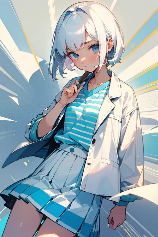 Short white hair, 16 years old、White T-shirt、Light blue striped jacket、Cute Skirt、Embarrassed、