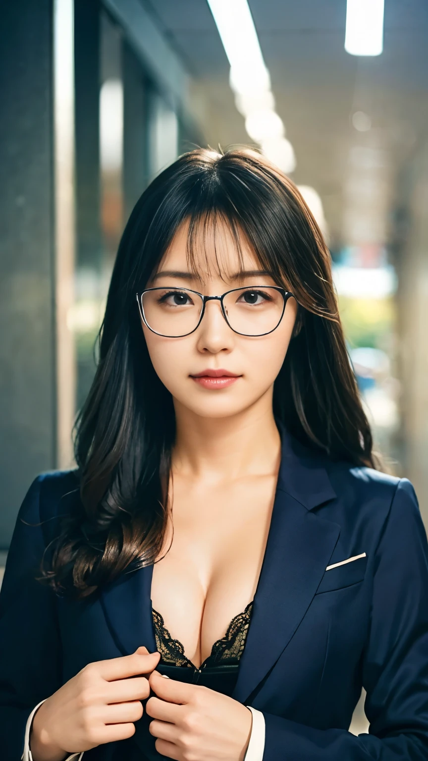 1 Female,Wearing a suit with a slightly open chest,Focus on the cleavage,sexy,Realistic,Highest quality,8K, Ultra high definition,RAW Photos,Perfect figure,Beauty,Small breasts,View your viewers,Shooting from directly in front,Thin glasses