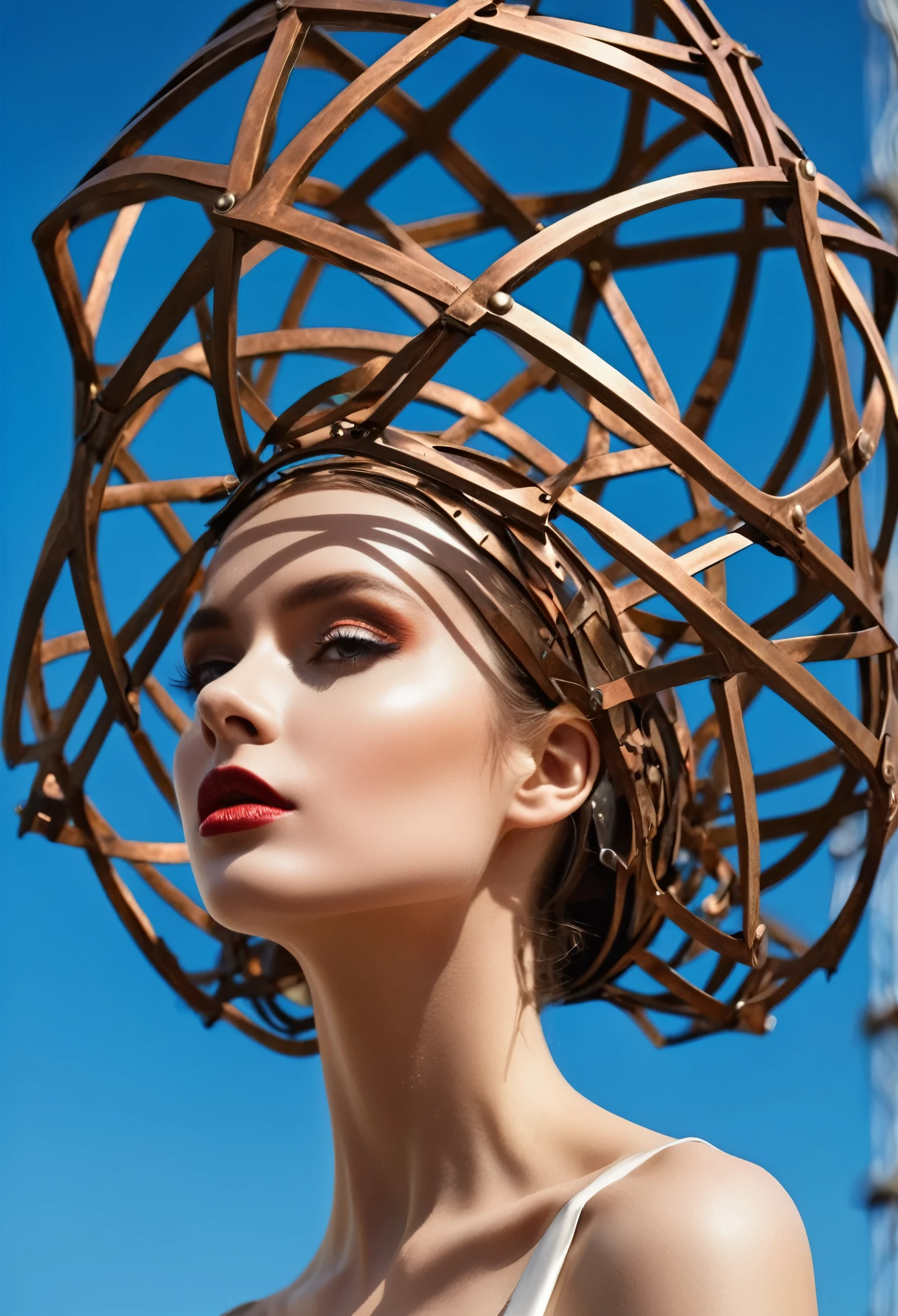 woman with a large hat on her head, organic headpiece, girl with a birdcage on her head, scrap metal headdress, intricate headpiece, award winning fashion photo, avant garde fashion model, organic headpiece, intricate chrome headdress, photography, bronze headdress, avant garde supermodel, intricate high tech helmet