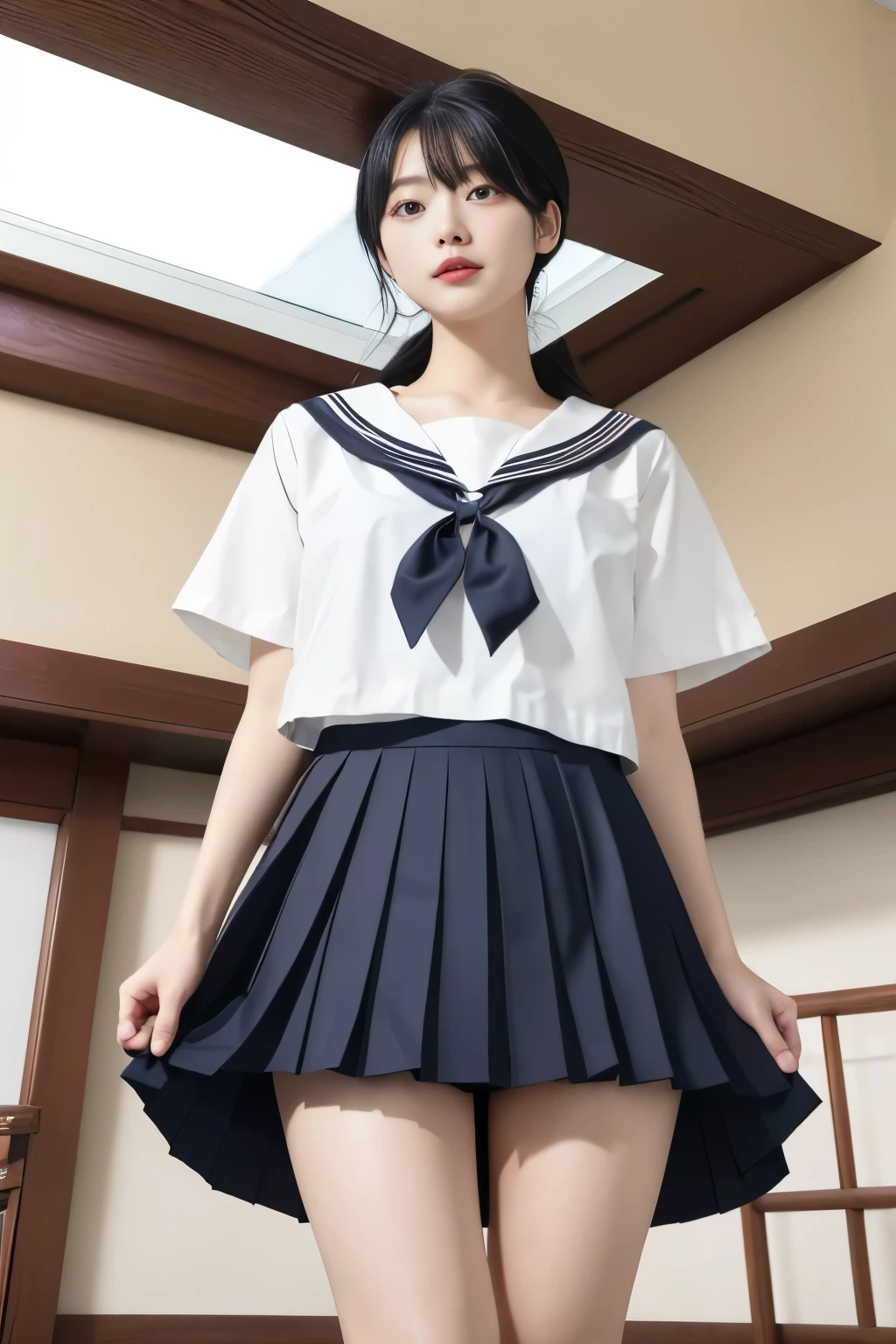 Masterpiece、highest quality、Woman 1、Super detailed、真下からceilingを見上げた図　Black Hair　Face seen from below　Japanese 、Sailor suit、Pleated skirt、White swimsuit、Skirt over swimsuit　Soft thighs、Thick legs、stomach　skirt lift、Swimsuit under skirt　ceiling