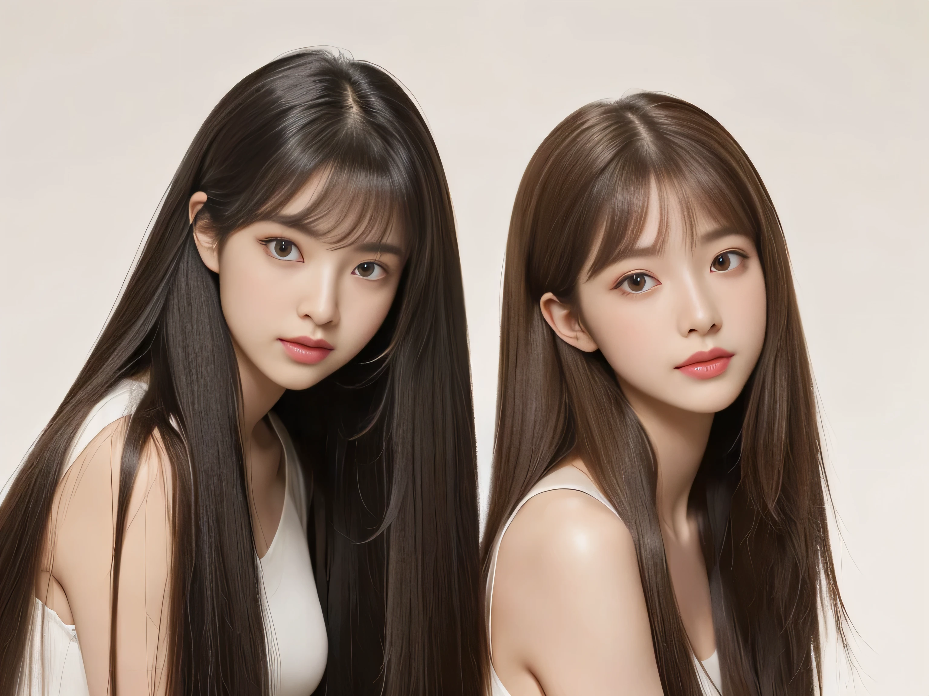 (Photos of twins who look as alike as fingernails)　(Knee-length shot of a woman)　((Close-up of two people from the neck up))　((Beautiful 24 year old hair model with long light brown hair　Fell straight down　Reaches up to the kneeVery long hair　highest quality　Highest detail　Reaches up to the knee、Very long hair that lasts forever:1.3　Flowing Hair　私ncredibly straight hair　Very shiny そして thick hair　Abnormally long hair that lasts forever　Flowing Hair on both ends　long hair up to the knees:1.2　long hair up to the knees:1.2　Thick and shiny hair　Very free hair　Abnormally long hair!!!!!　Beautiful silky hair　　Beautiful and shiny hair　Beautiful and shiny hair　Beautiful silky hair　Hair that grows to the knees　Very very, Very long hair!!!!!　Very very, Very long hair!!!!!))　(highest quality　The best ultra-fine　Reaches up to the knee、Very long hair that lasts forever　Flowing Hair　Her hair is gently permed　Very shiny そして thick hair　Abnormally long hair that lasts forever　Flowing Hair on both ends　long hair up to the knees:1.2　long hair up to the knees:1.2　Thick and shiny hair　Very free hair　Abnormally long hair!!!!!　Beautiful silky hair　Super long hair down to the knees　Beautiful and shiny hair　Beautiful and shiny hair　Beautiful silky hair　Hair that grows to the knees　Very very, Very long hair!!!!!　Very very, Very long hair!!!!!))　(Her bangs are perfectly trimmed and straight down.:1.3)　((Her hair color is light brown:1.5))　(Pure white wall background:1.8 Pure White Sofa)　(Japan&#39;The sexiest and most beautiful 24 year old model)　(She looks at the viewer with a very seductive expression......)　((highest quality)), ((masterpiece)), (Familiar)　(Get used to it)　Perfect Face　(Her skin is a typical Japanese skin color..　And very detailed)　　(Big Breasts:1.3)　(She is wearing a shiny white camisole.)　(She has a beautiful face and a typical Japanese figure...., Narrow eyes)　(She has perfect 美しい and sexy makeup and face　Lipstick is light red　A solid eyeliner)　((Rich 1.4))　(Extremely detailed 8K)　(Ultra-fine skin texture 1.4)　(Actual, Vibrant:1.4), double eyelid　Sharp focus:1.2、Beautiful woman:1.4　Dynamic Lighting　(Genuine RAW photos taken by professional photographers)　　Professional Hair Shine.　(She has a bright and cheerful face)　(Her face is slim and dignified.., length, Narrow eyes..々Nice face)