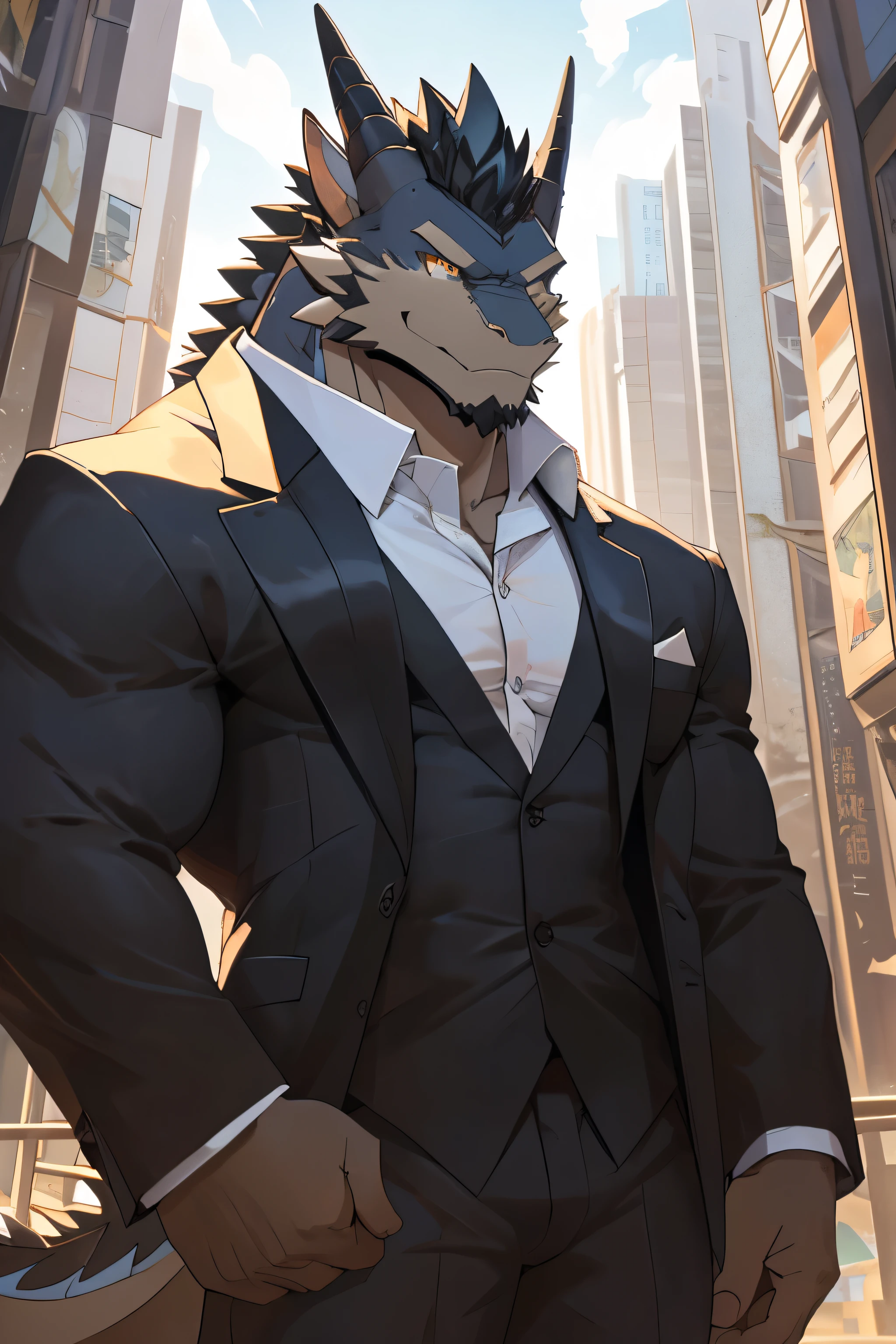 (best quality, masterpiece, ultra-detailed, intricate, illustration, detailed lighting)(1muscular black dragon character:1.5), (golden eyes:1.4), (black suit:1.5),(muscular build:1.4),dragon boy, Dragon,short hair, dark skin, Convex,Looking at the audience,zixiong, nj5,tailored black suit,(masterpiece),Very detailed,(best quality),Black Hair,Golden pupils,Extremely strong,(solid physique),(Huge size),8k,(high quality),Japanese Animation,standing outside sleek modern high-rise apartment building,tailored black suit, crisp white shirt