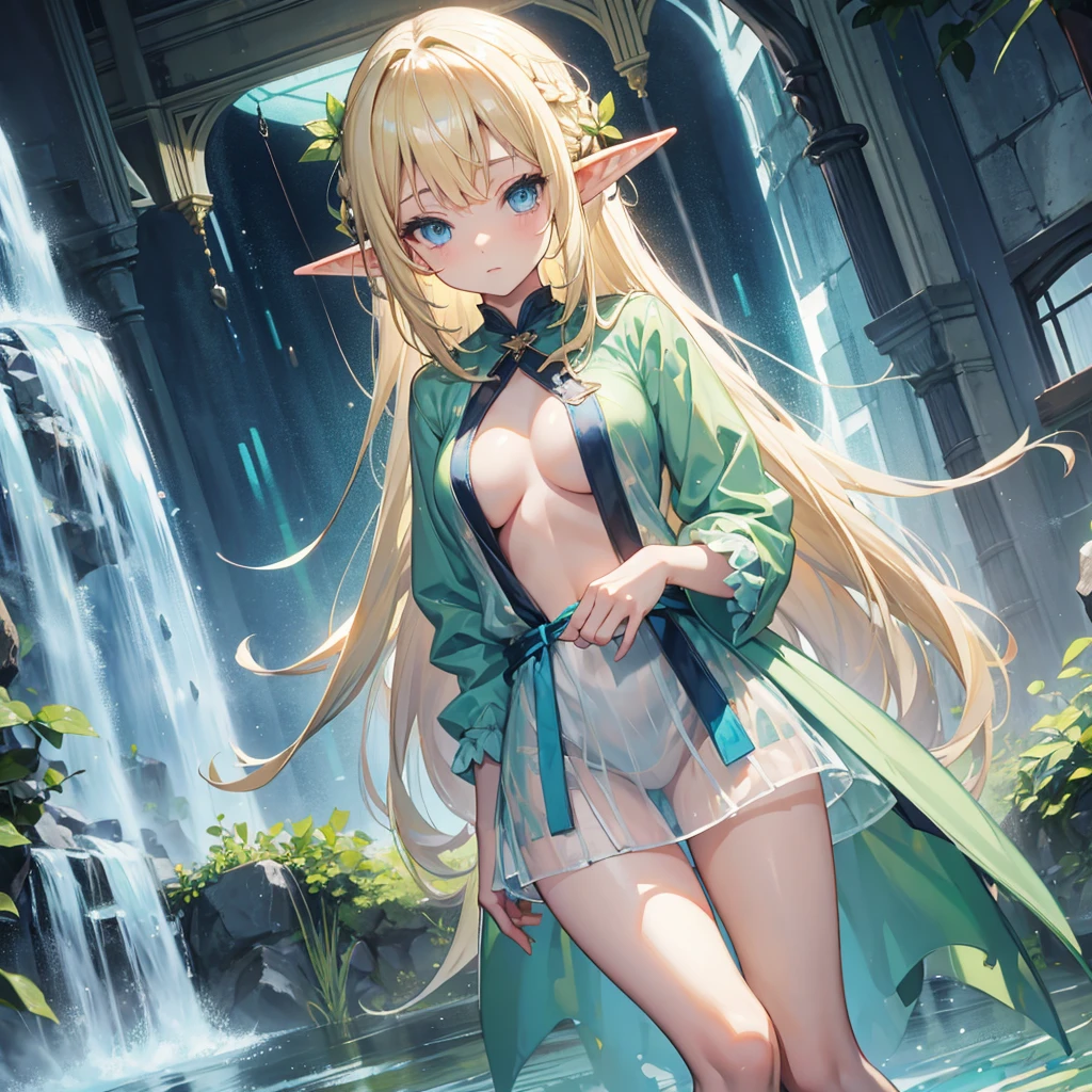 Blonde hair and blue eyes　Long Hair　A sheer light green raincoat　Fairy　Big Breasts　naked　mini skirt　Elf