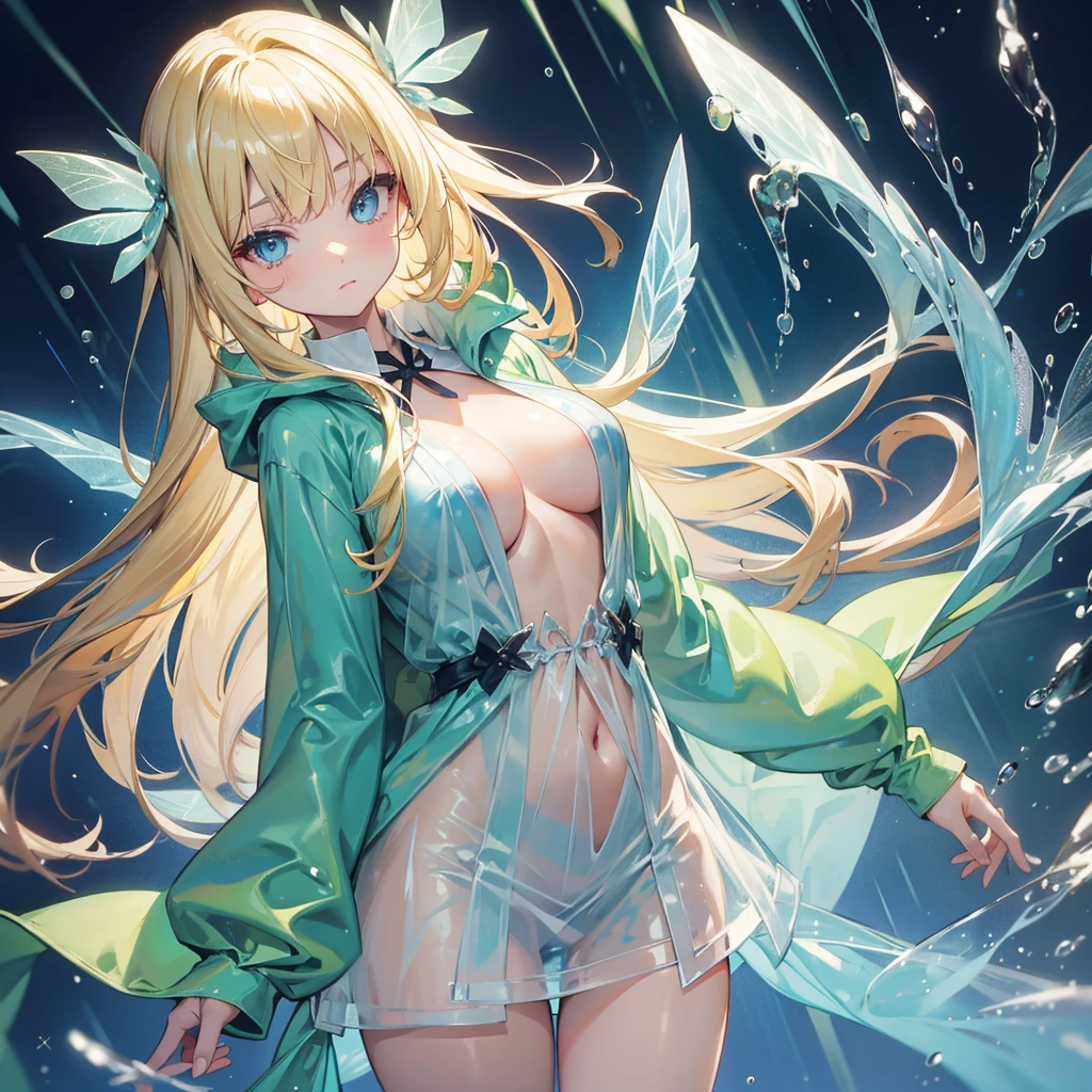 Blonde hair and blue eyes Long Hair A sheer light green raincoat Fairy Big Breasts naked mini skirt