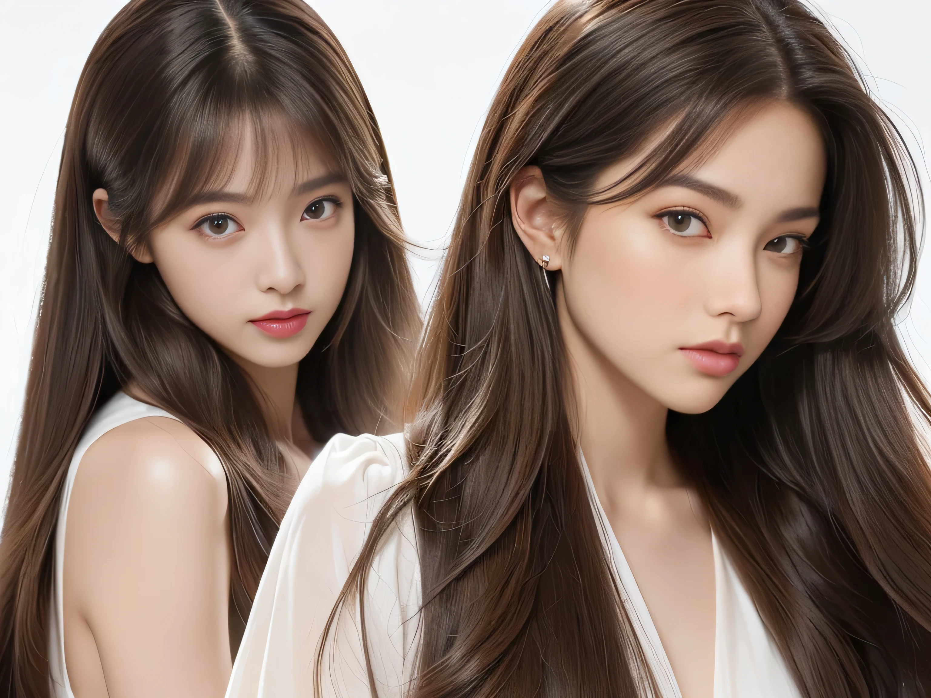 (Photos of twins who look as alike as fingernails)　(Knee-length shot of a woman)　((Close-up of two people from the neck up))　((Beautiful 24 year old hair model with long light brown hair　Fell straight down　Reaches up to the kneeVery long hair　highest quality　Highest detail　Reaches up to the knee、Very long hair that lasts forever:1.3　Flowing Hair　私ncredibly straight hair　Very shiny そして thick hair　Abnormally long hair that lasts forever　Flowing Hair on both ends　long hair up to the knees:1.2　long hair up to the knees:1.2　Thick and shiny hair　Very free hair　Abnormally long hair!!!!!　Beautiful silky hair　　Beautiful and shiny hair　Beautiful and shiny hair　Beautiful silky hair　Hair that grows to the knees　Very very, Very long hair!!!!!　Very very, Very long hair!!!!!))　(highest quality　The best ultra-fine　Reaches up to the knee、Very long hair that lasts forever　Flowing Hair　Her hair is gently permed　Very shiny そして thick hair　Abnormally long hair that lasts forever　Flowing Hair on both ends　long hair up to the knees:1.2　long hair up to the knees:1.2　Thick and shiny hair　Very free hair　Abnormally long hair!!!!!　Beautiful silky hair　Super long hair down to the knees　Beautiful and shiny hair　Beautiful and shiny hair　Beautiful silky hair　Hair that grows to the knees　Very very, Very long hair!!!!!　Very very, Very long hair!!!!!))　(Her bangs are perfectly trimmed and straight down.:1.3)　((Her hair color is light brown:1.5))　(Pure white wall background:1.8 Pure White Sofa)　(Japan&#39;The sexiest and most beautiful 24 year old model)　(She looks at the viewer with a very seductive expression......)　((highest quality)), ((masterpiece)), (Familiar)　(Get used to it)　Perfect Face　(Her skin is a typical Japanese skin color..　And very detailed)　　(Big Breasts:1.3)　(She is wearing a shiny white camisole.)　(She has a beautiful face and a typical Japanese figure...., Narrow eyes)　(She has perfect 美しい and sexy makeup and face　Lipstick is light red　A solid eyeliner)　((Rich 1.4))　(Extremely detailed 8K)　(Ultra-fine skin texture 1.4)　(Actual, Vibrant:1.4), double eyelid　Sharp focus:1.2、Beautiful woman:1.4　Dynamic Lighting　(Genuine RAW photos taken by professional photographers)　　Professional Hair Shine.　(She has a bright and cheerful face)　(Her face is slim and dignified.., length, Narrow eyes..々Nice face)