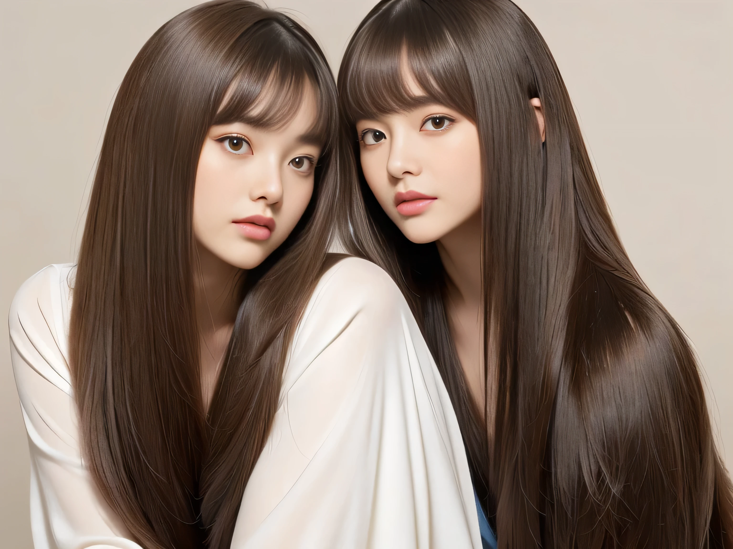 (Photos of twins who look as alike as fingernails)　(Knee-length shot of a woman)　((Close-up of two people from the neck up))　((Beautiful 24 year old hair model with long light brown hair　Fell straight down　Reaches up to the kneeVery long hair　highest quality　Highest detail　Reaches up to the knee、Very long hair that lasts forever:1.3　Flowing Hair　私ncredibly straight hair　Very shiny そして thick hair　Abnormally long hair that lasts forever　Flowing Hair on both ends　long hair up to the knees:1.2　long hair up to the knees:1.2　Thick and shiny hair　Very free hair　Abnormally long hair!!!!!　Beautiful silky hair　　Beautiful and shiny hair　Beautiful and shiny hair　Beautiful silky hair　Hair that grows to the knees　Very very, Very long hair!!!!!　Very very, Very long hair!!!!!))　(highest quality　The best ultra-fine　Reaches up to the knee、Very long hair that lasts forever　Flowing Hair　Her hair is gently permed　Very shiny そして thick hair　Abnormally long hair that lasts forever　Flowing Hair on both ends　long hair up to the knees:1.2　long hair up to the knees:1.2　Thick and shiny hair　Very free hair　Abnormally long hair!!!!!　Beautiful silky hair　Super long hair down to the knees　Beautiful and shiny hair　Beautiful and shiny hair　Beautiful silky hair　Hair that grows to the knees　Very very, Very long hair!!!!!　Very very, Very long hair!!!!!))　(Her bangs are perfectly trimmed and straight down.:1.3)　((Her hair color is light brown:1.5))　(Pure white wall background:1.8 Pure White Sofa)　(Japan&#39;The sexiest and most beautiful 24 year old model)　(She looks at the viewer with a very seductive expression......)　((highest quality)), ((masterpiece)), (Familiar)　(Get used to it)　Perfect Face　(Her skin is a typical Japanese skin color..　And very detailed)　　(Big Breasts:1.3)　(She is wearing a shiny white camisole.)　(She has a beautiful face and a typical Japanese figure...., Narrow eyes)　(She has perfect 美しい and sexy makeup and face　Lipstick is light red　A solid eyeliner)　((Rich 1.4))　(Extremely detailed 8K)　(Ultra-fine skin texture 1.4)　(Actual, Vibrant:1.4), double eyelid　Sharp focus:1.2、Beautiful woman:1.4　Dynamic Lighting　(Genuine RAW photos taken by professional photographers)　　Professional Hair Shine.　(She has a bright and cheerful face)　(Her face is slim and dignified.., length, Narrow eyes..々Nice face)