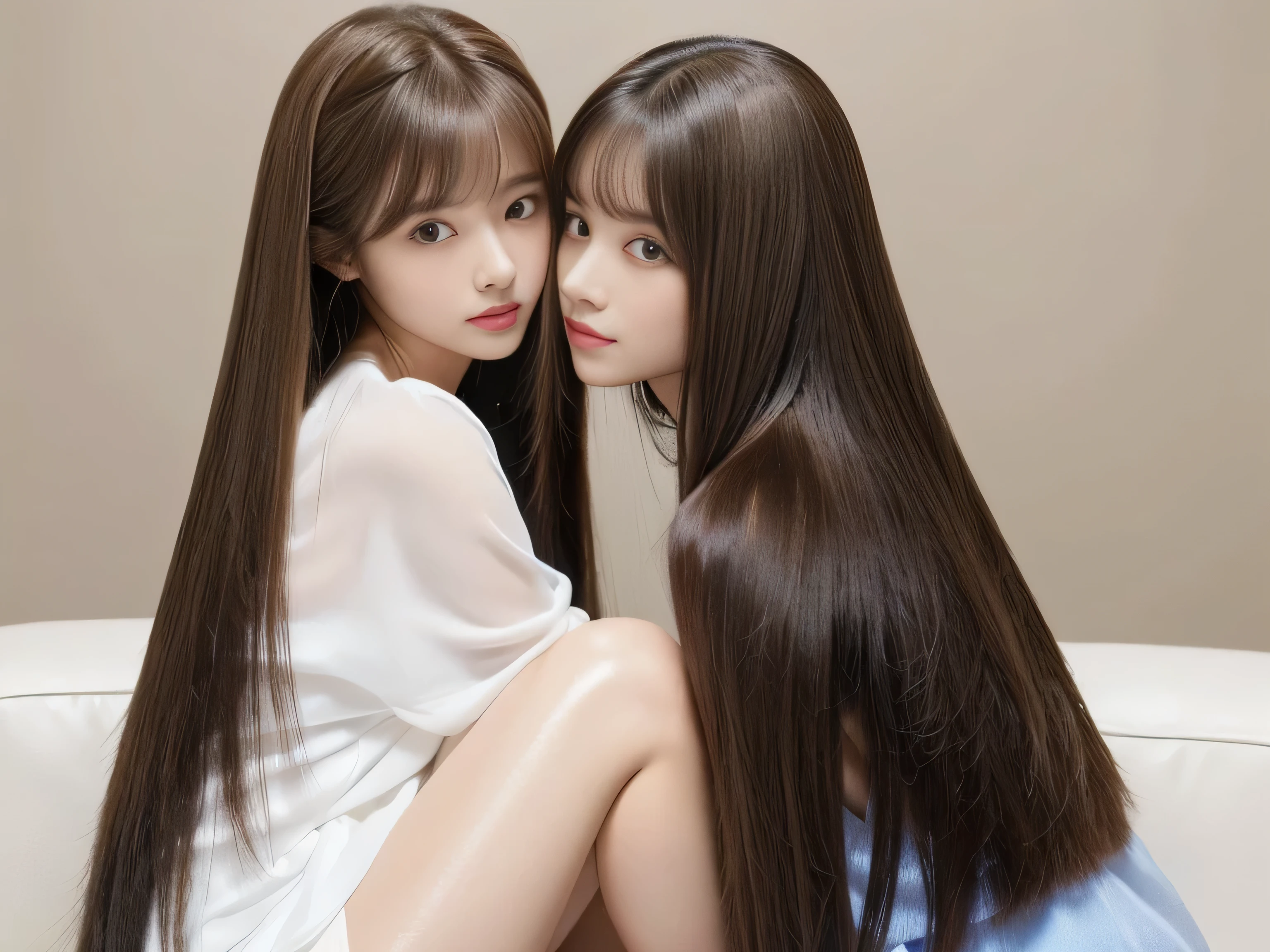(Photos of twins who look as alike as fingernails) (Knee-length shot of a woman) ((Close-up of two people from the neck up)) ((Beautiful 24 year old hair model with long light brown hair Fell straight down Reaches up to the kneeVery long hair highest quality Highest detail Reaches up to the knee、Very long hair that lasts forever:1.3 Flowing Hair 私ncredibly straight hair Very shiny そして thick hair Abnormally long hair that lasts forever Flowing Hair on both ends long hair up to the knees:1.2 long hair up to the knees:1.2 Thick and shiny hair Very free hair Abnormally long hair!!!!! Beautiful silky hair Beautiful and shiny hair Beautiful and shiny hair Beautiful silky hair Hair that grows to the knees Very very, Very long hair!!!!! Very very, Very long hair!!!!!)) (highest quality The best ultra-fine Reaches up to the knee、Very long hair that lasts forever Flowing Hair Her hair is gently permed Very shiny そして thick hair Abnormally long hair that lasts forever Flowing Hair on both ends long hair up to the knees:1.2 long hair up to the knees:1.2 Thick and shiny hair Very free hair Abnormally long hair!!!!! Beautiful silky hair Super long hair down to the knees Beautiful and shiny hair Beautiful and shiny hair Beautiful silky hair Hair that grows to the knees Very very, Very long hair!!!!! Very very, Very long hair!!!!!)) (Her bangs are perfectly trimmed and straight down.:1.3) ((Her hair color is light brown:1.5)) (Pure white wall background:1.8 Pure White Sofa) (Japan'The sexiest and most beautiful 24 year old model) (She looks at the viewer with a very seductive expression......) ((highest quality)), ((masterpiece)), (Familiar) (Get used to it) Perfect Face (Her skin is a typical Japanese skin color.. And very detailed) (Big Breasts:1.3) (She is wearing a shiny white camisole.) (She has a beautiful face and a typical Japanese figure...., Narrow eyes) (She has perfect 美しい and sexy makeup and face Lipstick is light red A solid eyeliner) ((Rich 1.4)) (Extremely detailed 8K) (Ultra-fine skin texture 1.4) (Actual, Vibrant:1.4), double eyelid Sharp focus:1.2、Beautiful woman:1.4 Dynamic Lighting (Genuine RAW photos taken by professional photographers) Professional Hair Shine. (She has a bright and cheerful face) (Her face is slim and dignified.., length, Narrow eyes..々Nice face)