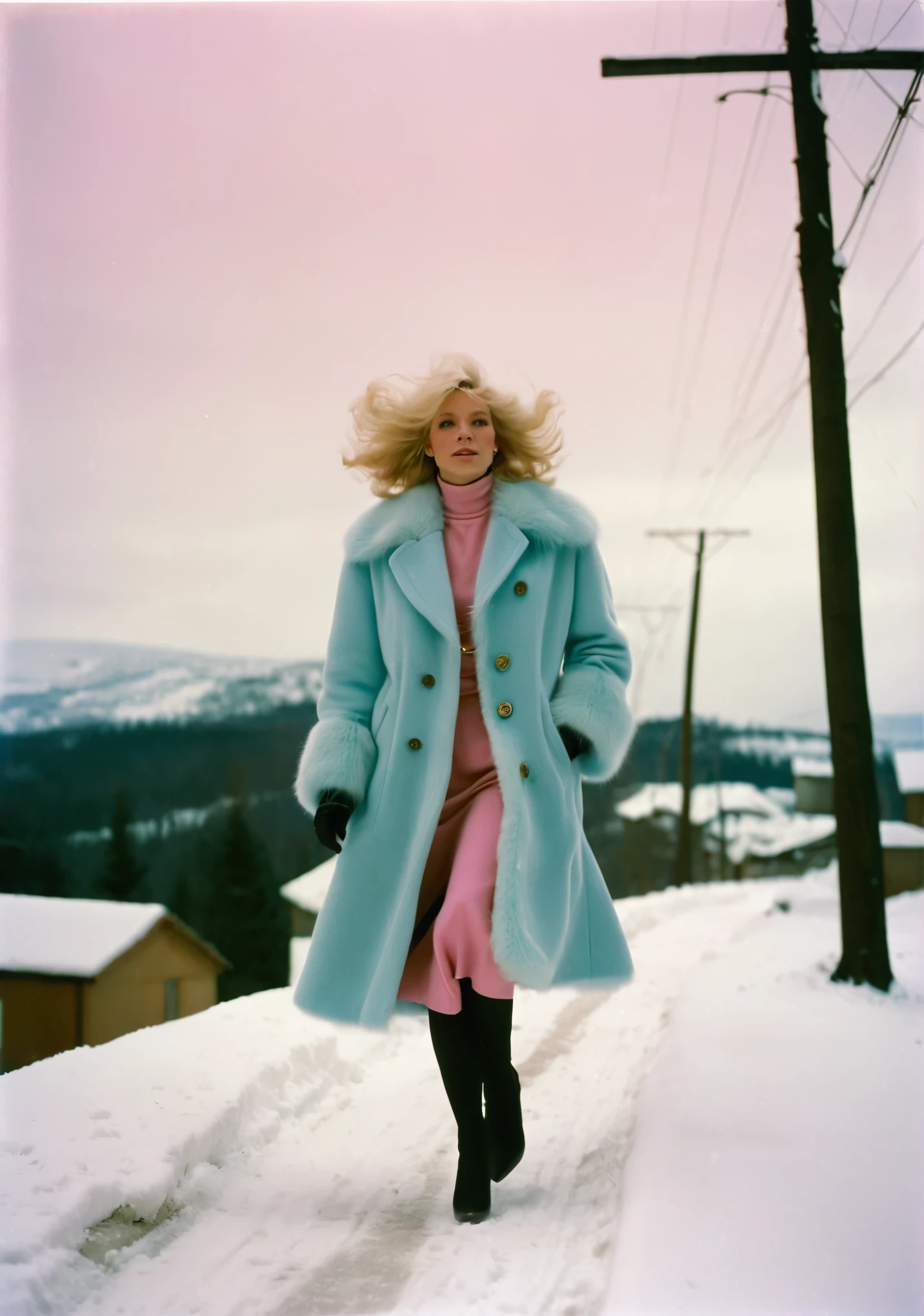 blond woman in a blue coat and pink dress walking down a snowy road, in style , photography, photography of, color film photography 1970s, in style of pastel fur,, photographed on ektachrome film