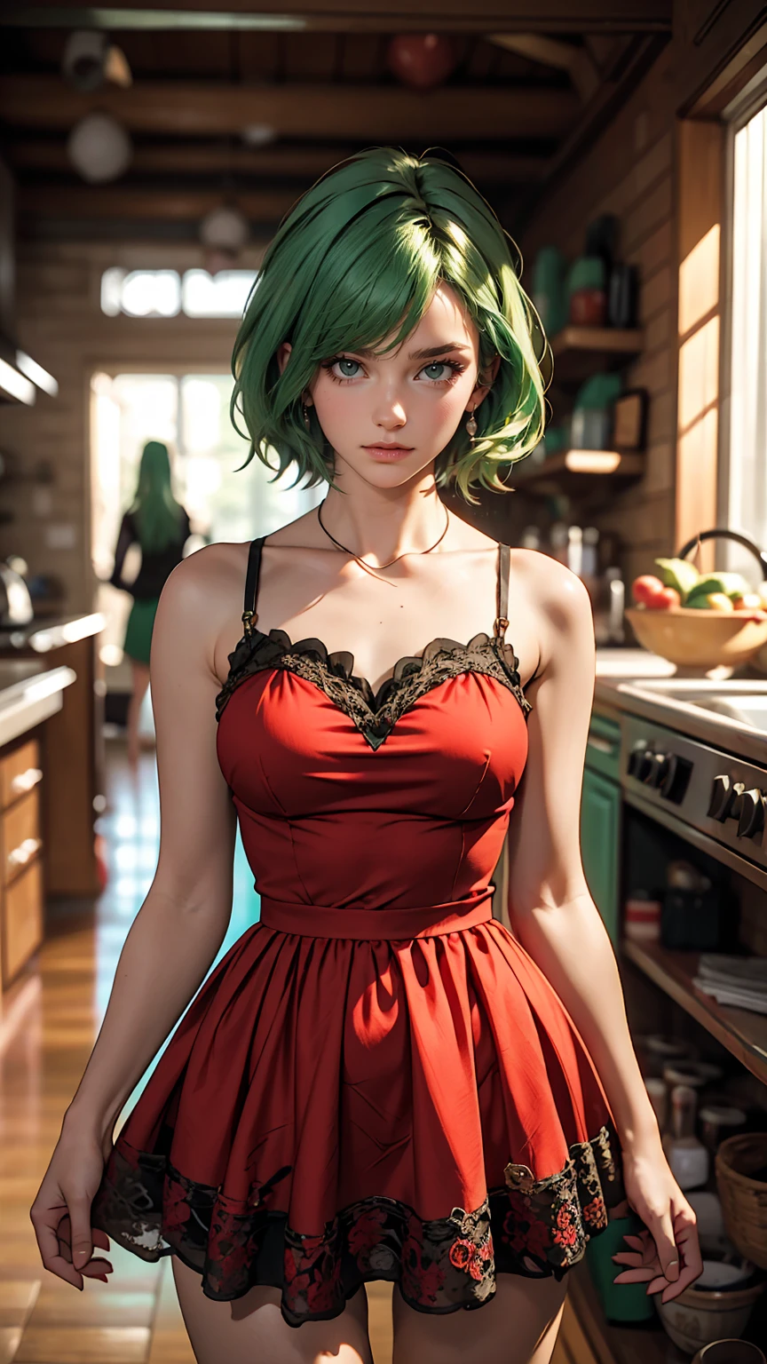 One girl, Green Hair, Red eyes, dress, short hair, (alone:1.3),