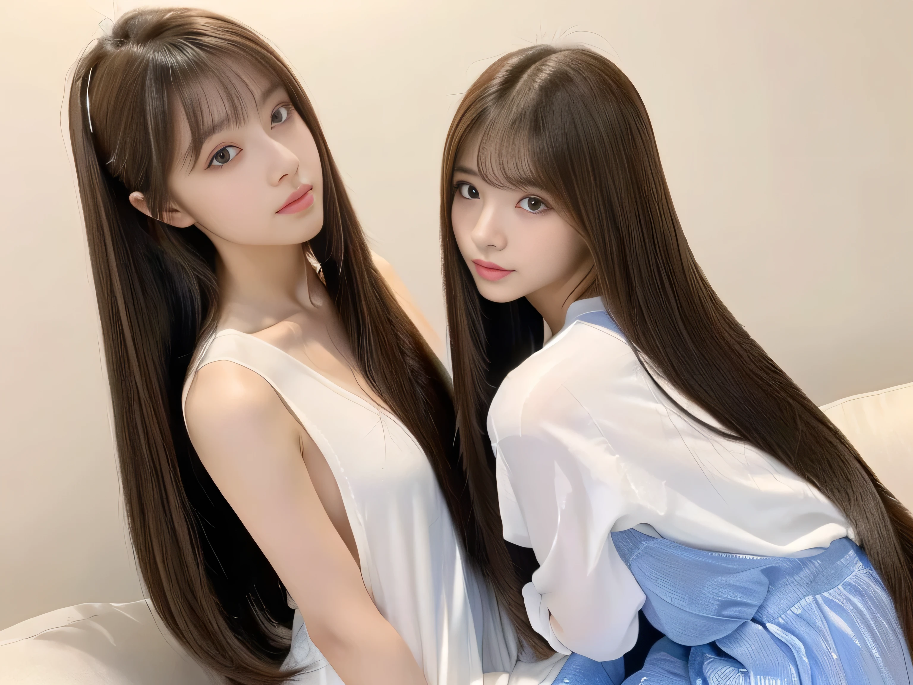 (Photos of twins who look as alike as fingernails) (Knee-length shot of a woman) ((Close-up of two people from the neck up)) ((Beautiful 24 year old hair model with long light brown hair Fell straight down Reaches up to the kneeVery long hair highest quality Highest detail Reaches up to the knee、Very long hair that lasts forever:1.3 Flowing Hair 私ncredibly straight hair Very shiny そして thick hair Abnormally long hair that lasts forever Flowing Hair on both ends long hair up to the knees:1.2 long hair up to the knees:1.2 Thick and shiny hair Very free hair Abnormally long hair!!!!! Beautiful silky hair Beautiful and shiny hair Beautiful and shiny hair Beautiful silky hair Hair that grows to the knees Very very, Very long hair!!!!! Very very, Very long hair!!!!!)) (highest quality The best ultra-fine Reaches up to the knee、Very long hair that lasts forever Flowing Hair Her hair is gently permed Very shiny そして thick hair Abnormally long hair that lasts forever Flowing Hair on both ends long hair up to the knees:1.2 long hair up to the knees:1.2 Thick and shiny hair Very free hair Abnormally long hair!!!!! Beautiful silky hair Super long hair down to the knees Beautiful and shiny hair Beautiful and shiny hair Beautiful silky hair Hair that grows to the knees Very very, Very long hair!!!!! Very very, Very long hair!!!!!)) (Her bangs are perfectly trimmed and straight down.:1.3) ((Her hair color is light brown:1.5)) (Pure white wall background:1.8 Pure White Sofa) (Japan'The sexiest and most beautiful 24 year old model) (She looks at the viewer with a very seductive expression......) ((highest quality)), ((masterpiece)), (Familiar) (Get used to it) Perfect Face (Her skin is a typical Japanese skin color.. And very detailed) (Big Breasts:1.3) (She is wearing a shiny white camisole.) (She has a beautiful face and a typical Japanese figure...., Narrow eyes) (She has perfect 美しい and sexy makeup and face Lipstick is light red A solid eyeliner) ((Rich 1.4)) (Extremely detailed 8K) (Ultra-fine skin texture 1.4) (Actual, Vibrant:1.4), double eyelid Sharp focus:1.2、Beautiful woman:1.4 Dynamic Lighting (Genuine RAW photos taken by professional photographers) Professional Hair Shine. (She has a bright and cheerful face) (Her face is slim and dignified.., length, Narrow eyes..々Nice face)