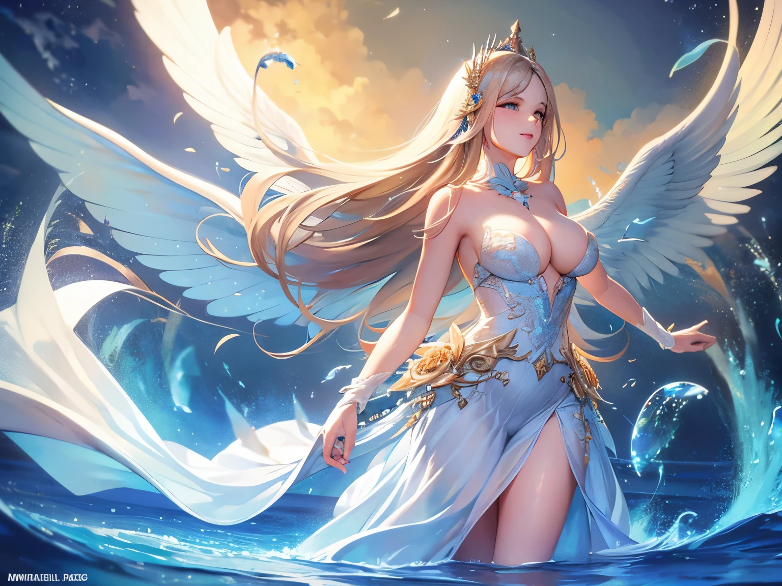 "(best quality,ultra-detailed),water element angel from lake,beautiful detailed eyes,beautiful detailed lips,flowing white dress,ethereal beauty,long flowy hair,golden halo,sparkling water drops,floating wings,soft ethereal light,impressionist painting style,vibrant colors,pastel color palette"