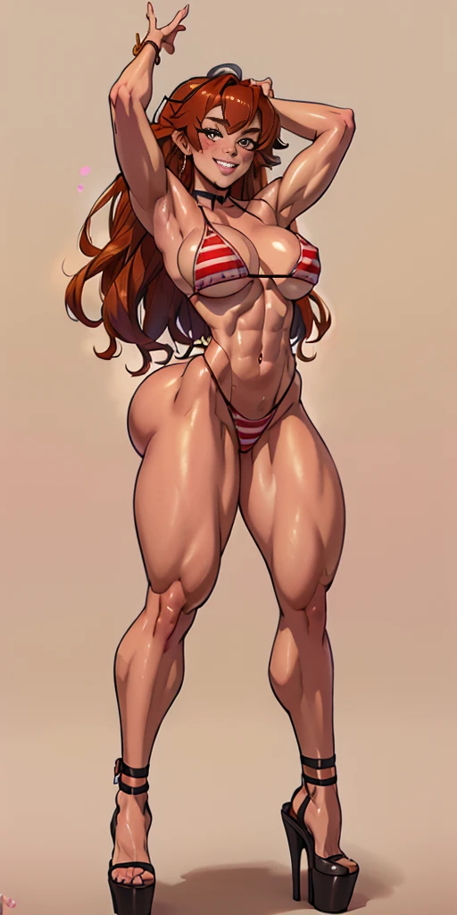 (Pink plain background) Eris Boreas Greyrat full body standing with two long thighs and high heels, big eyes, LONG messy bright RED hair, RED bikini stripes, hands up show shaved armpits, navel, smiling closed mouth (red blush) golden armbands, black choker