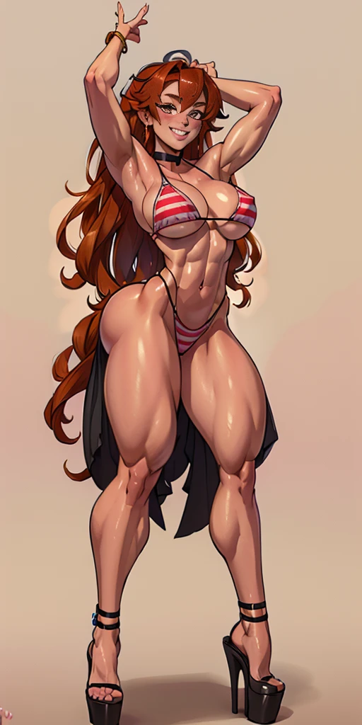 (Pink plain background) Eris Boreas Greyrat full body standing with two long thighs and high heels, big eyes, LONG messy bright RED hair, BLUE bikini stripes, hands up show shaved armpits, navel, smiling closed mouth (red blush) golden armbands, black choker