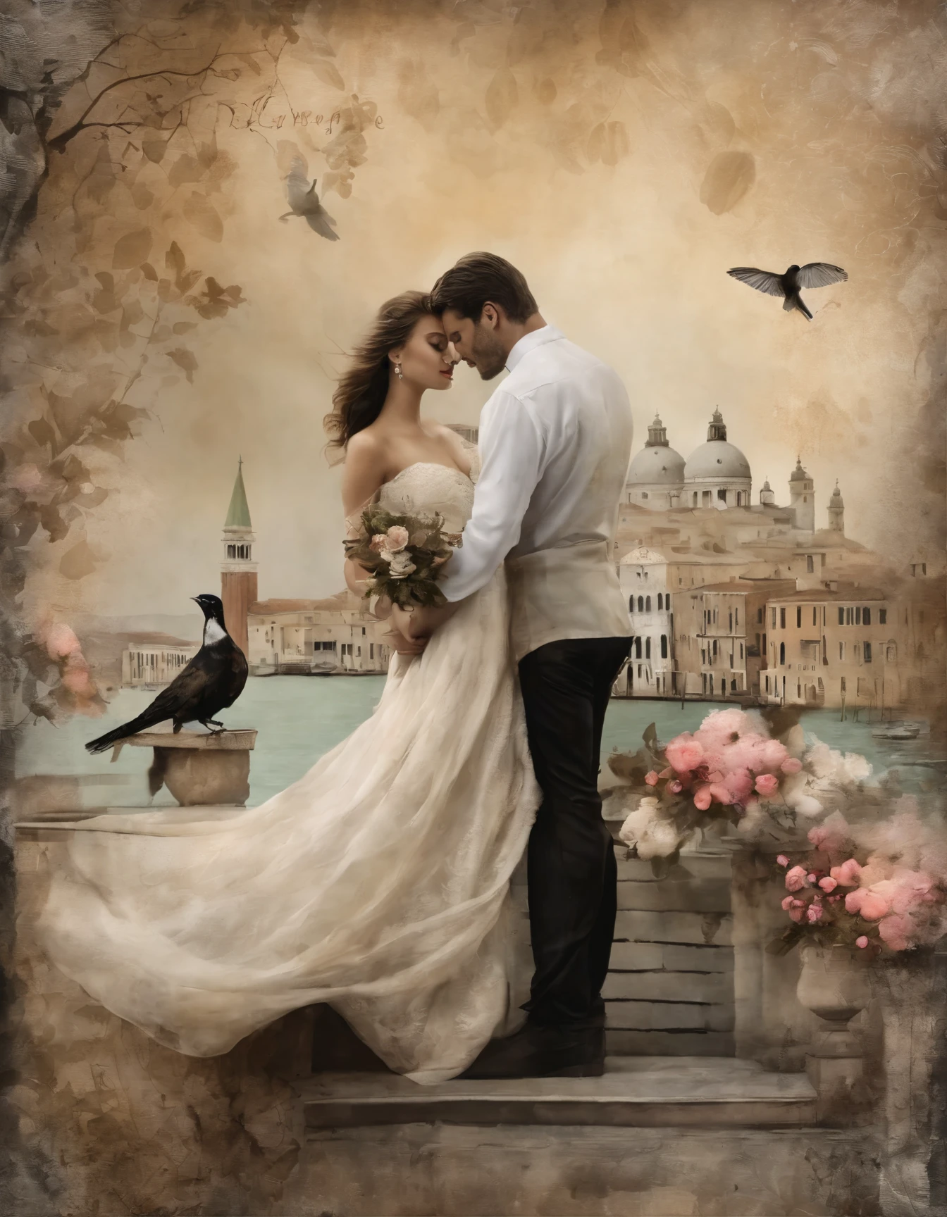 A mixed media of a beautiful couple in Venice, flowers and birds on handwritten letters texture background. The artwork combines ink drawing, watercolor washes, charcoal details, splattered paint effects, and black line drawings to create a richly textured and multilayered composition. It is filled with soft colors, creating an elegant atmosphere. In the center there's the blooming flowers. There are also various other creatures in closeup, such as butterflies