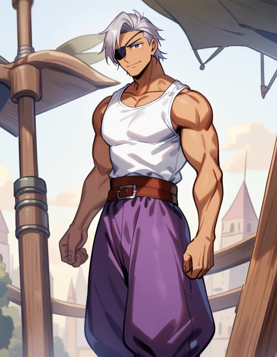 1man, muscular mature, jrpg pirate, green head scarf, gray hair, blue 1eye, black eyepatch, short hair, ordinary, tanned skin, asymmetrical bangs, solo, red waist cloth, purple arabian pants, white sleeveless shirt, loose fitting shirt, tented shirt, on mediaeval ship, softly smile, 1990s, VHS quality, masterpiece, best quality