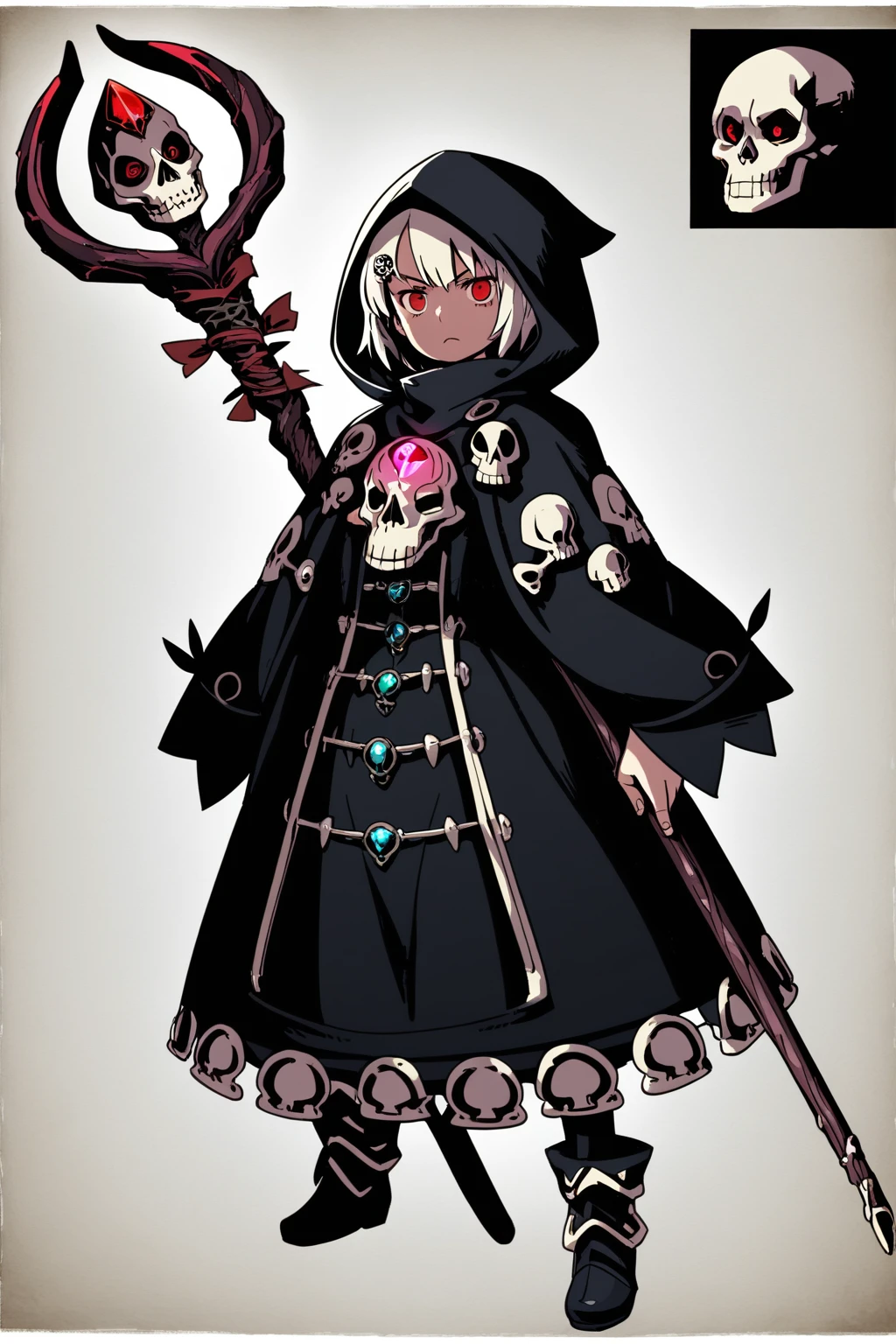 score_9,source_anime,1girl,standing,white hair,beautiful_detailed_eyes,short hair,red eyes,close up,skull hair ornament,looking at viewer,wearing black armor,wearing cloak,wearing hood,glowing chest jewel,skull jewelry,frown,serious,cave,holding skull staff,full-body, floating skulls,skeletons in background,