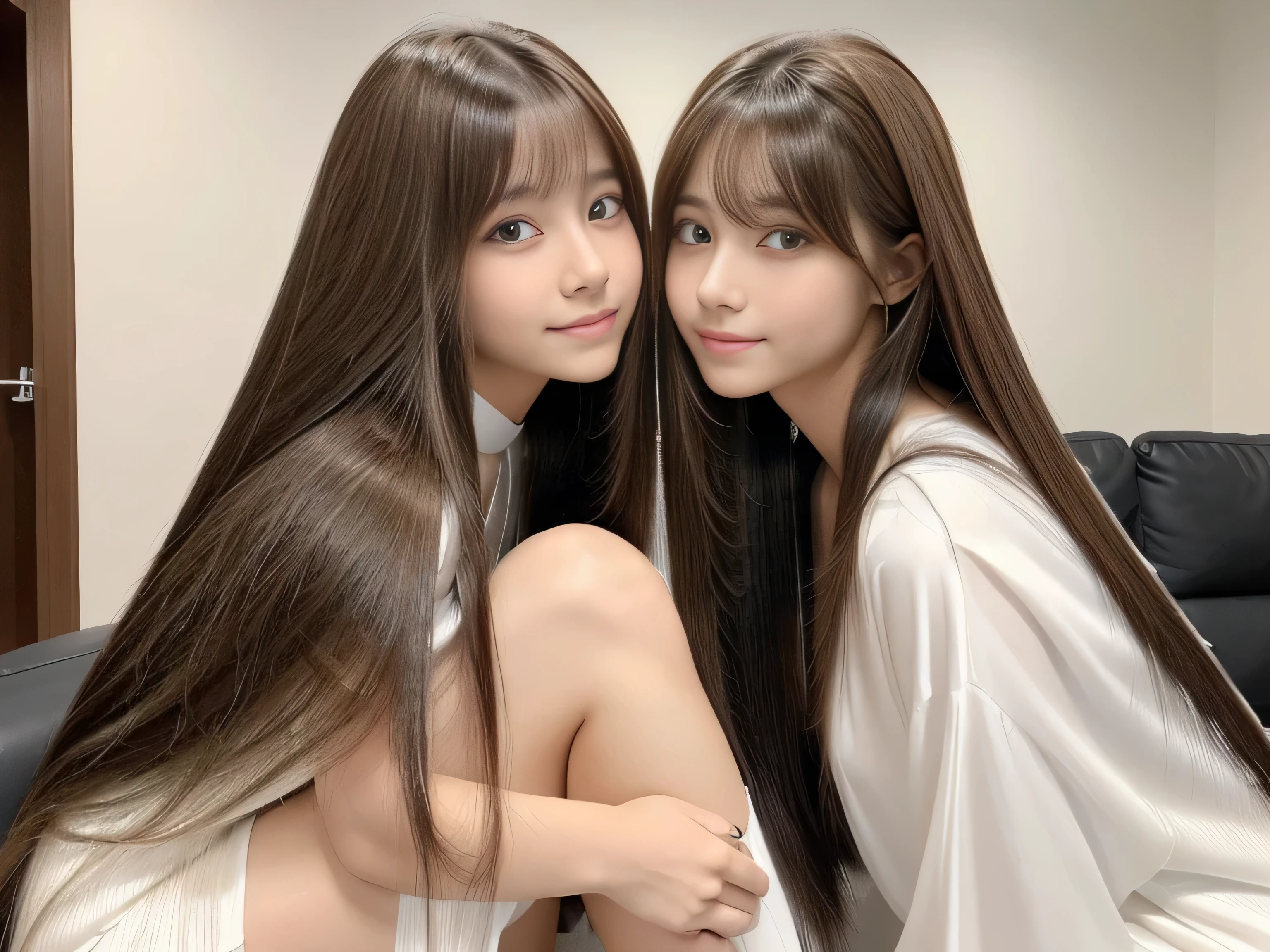 (Photos of twins who look as alike as fingernails) (Knee-length shot of a woman) ((Close-up of two people from the neck up)) ((Beautiful 24 year old hair model with long light brown hair Fell straight down Reaches up to the kneeVery long hair highest quality Highest detail Reaches up to the knee、Very long hair that lasts forever:1.3 Flowing Hair 私ncredibly straight hair Very shiny そして thick hair Abnormally long hair that lasts forever Flowing Hair on both ends long hair up to the knees:1.2 long hair up to the knees:1.2 Thick and shiny hair Very free hair Abnormally long hair!!!!! Beautiful silky hair Beautiful and shiny hair Beautiful and shiny hair Beautiful silky hair Hair that grows to the knees Very very, Very long hair!!!!! Very very, Very long hair!!!!!)) (highest quality The best ultra-fine Reaches up to the knee、Very long hair that lasts forever Flowing Hair Her hair is gently permed Very shiny そして thick hair Abnormally long hair that lasts forever Flowing Hair on both ends long hair up to the knees:1.2 long hair up to the knees:1.2 Thick and shiny hair Very free hair Abnormally long hair!!!!! Beautiful silky hair Super long hair down to the knees Beautiful and shiny hair Beautiful and shiny hair Beautiful silky hair Hair that grows to the knees Very very, Very long hair!!!!! Very very, Very long hair!!!!!)) (Her bangs are perfectly trimmed and straight down.:1.3) ((Her hair color is light brown:1.5)) (Pure white wall background:1.8 Pure White Sofa) (Japan'The sexiest and most beautiful 24 year old model) (She looks at the viewer with a very seductive expression......) ((highest quality)), ((masterpiece)), (Familiar) (Get used to it) Perfect Face (Her skin is a typical Japanese skin color.. And very detailed) (Big Breasts:1.3) (She is wearing a shiny white camisole.) (She has a beautiful face and a typical Japanese figure...., Narrow eyes) (She has perfect 美しい and sexy makeup and face Lipstick is light red A solid eyeliner) ((Rich 1.4)) (Extremely detailed 8K) (Ultra-fine skin texture 1.4) (Actual, Vibrant:1.4), double eyelid Sharp focus:1.2、Beautiful woman:1.4 Dynamic Lighting (Genuine RAW photos taken by professional photographers) Professional Hair Shine. (She has a bright and cheerful face) (Her face is slim and dignified.., length, Narrow eyes..々Nice face)