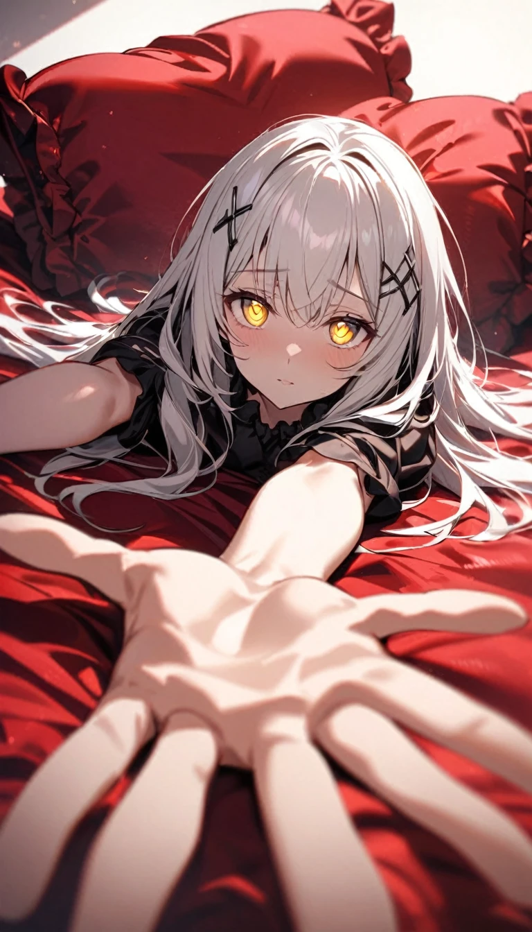 Flowing white hair. Melancholy eyes. Yellow pupils. Black diamond-shaped hairpins. Lying on a very large, soft red silk bed with very large, soft red silk cushions. arm support, arms up, incoming hug, pov, reaching, reaching towards viewer, looking at viewer, cowboy shot, dutch angle, lying down,