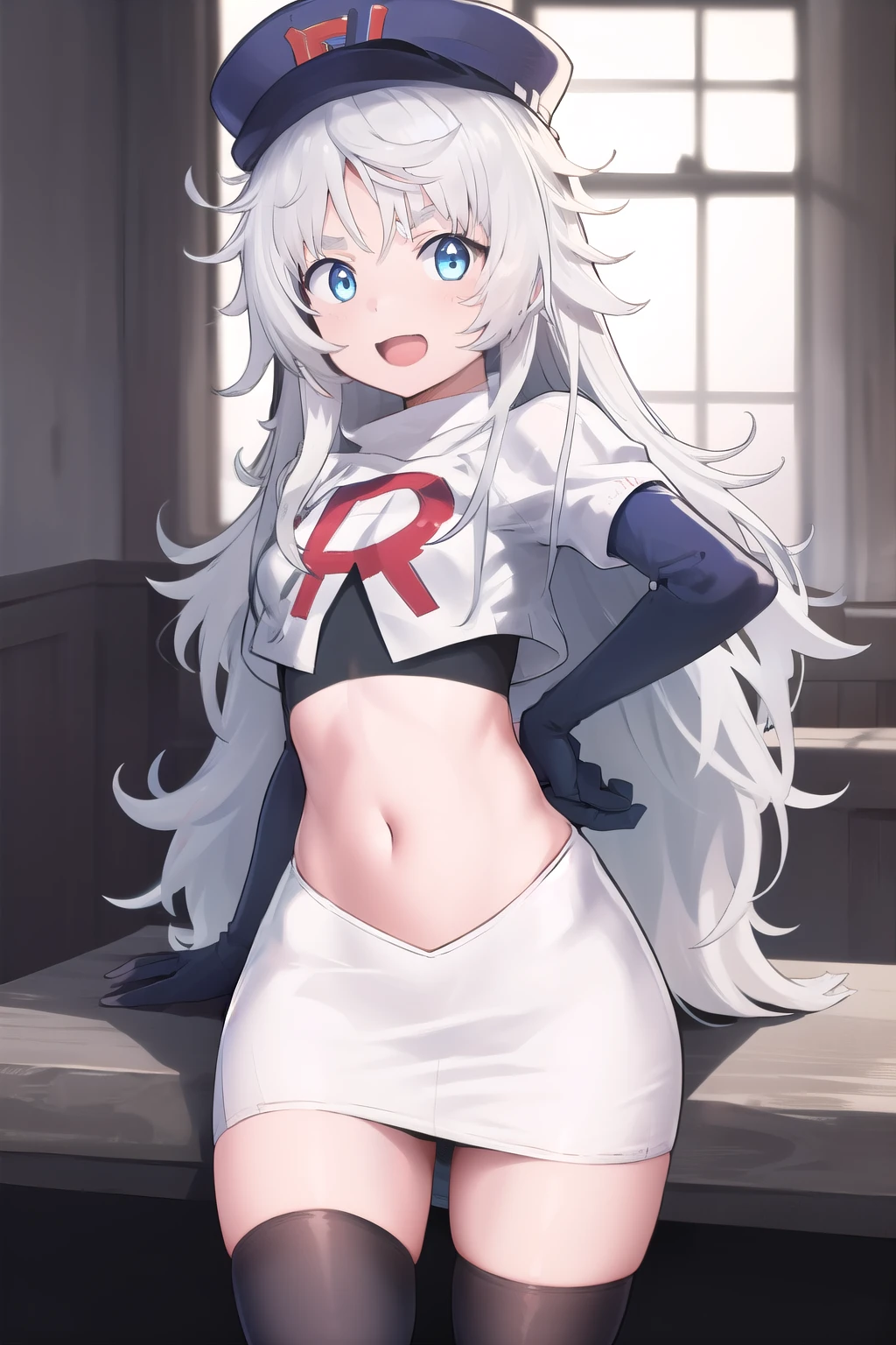 masterpiece, best quality, highres, 1girl, solo, long hair, hat, blue eyes, white hair, messy hair, team rocket,team rocket uniform,white skirt,red letter R,crop top,black thigh-highs,black elbow gloves