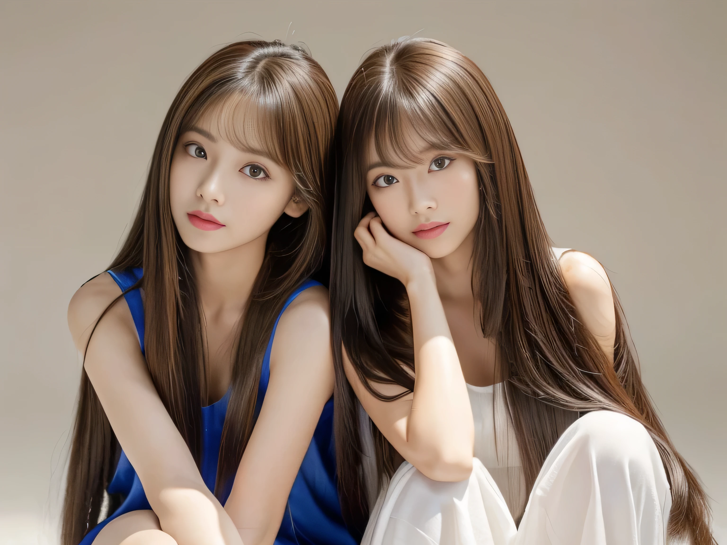 (Photos of twins who look as alike as fingernails) (Knee-length shot of a woman) ((Close-up of two people from the neck up)) ((Beautiful 24 year old hair model with long light brown hair Fell straight down Reaches up to the kneeVery long hair highest quality Highest detail Reaches up to the knee、Very long hair that lasts forever:1.3 Flowing Hair 私ncredibly straight hair Very shiny そして thick hair Abnormally long hair that lasts forever Flowing Hair on both ends long hair up to the knees:1.2 long hair up to the knees:1.2 Thick and shiny hair Very free hair Abnormally long hair!!!!! Beautiful silky hair Beautiful and shiny hair Beautiful and shiny hair Beautiful silky hair Hair that grows to the knees Very very, Very long hair!!!!! Very very, Very long hair!!!!!)) (highest quality The best ultra-fine Reaches up to the knee、Very long hair that lasts forever Flowing Hair Her hair is gently permed Very shiny そして thick hair Abnormally long hair that lasts forever Flowing Hair on both ends long hair up to the knees:1.2 long hair up to the knees:1.2 Thick and shiny hair Very free hair Abnormally long hair!!!!! Beautiful silky hair Super long hair down to the knees Beautiful and shiny hair Beautiful and shiny hair Beautiful silky hair Hair that grows to the knees Very very, Very long hair!!!!! Very very, Very long hair!!!!!)) (Her bangs are perfectly trimmed and straight down.:1.3) ((Her hair color is light brown:1.5)) (Pure white wall background:1.8 Pure White Sofa) (Japan'The sexiest and most beautiful 24 year old model) (She looks at the viewer with a very seductive expression......) ((highest quality)), ((masterpiece)), (Familiar) (Get used to it) Perfect Face (Her skin is a typical Japanese skin color.. And very detailed) (Big Breasts:1.3) (She is wearing a shiny white camisole.) (She has a beautiful face and a typical Japanese figure...., Narrow eyes) (She has perfect 美しい and sexy makeup and face Lipstick is light red A solid eyeliner) ((Rich 1.4)) (Extremely detailed 8K) (Ultra-fine skin texture 1.4) (Actual, Vibrant:1.4), double eyelid Sharp focus:1.2、Beautiful woman:1.4 Dynamic Lighting (Genuine RAW photos taken by professional photographers) Professional Hair Shine. (She has a bright and cheerful face) (Her face is slim and dignified.., length, Narrow eyes..々Nice face)