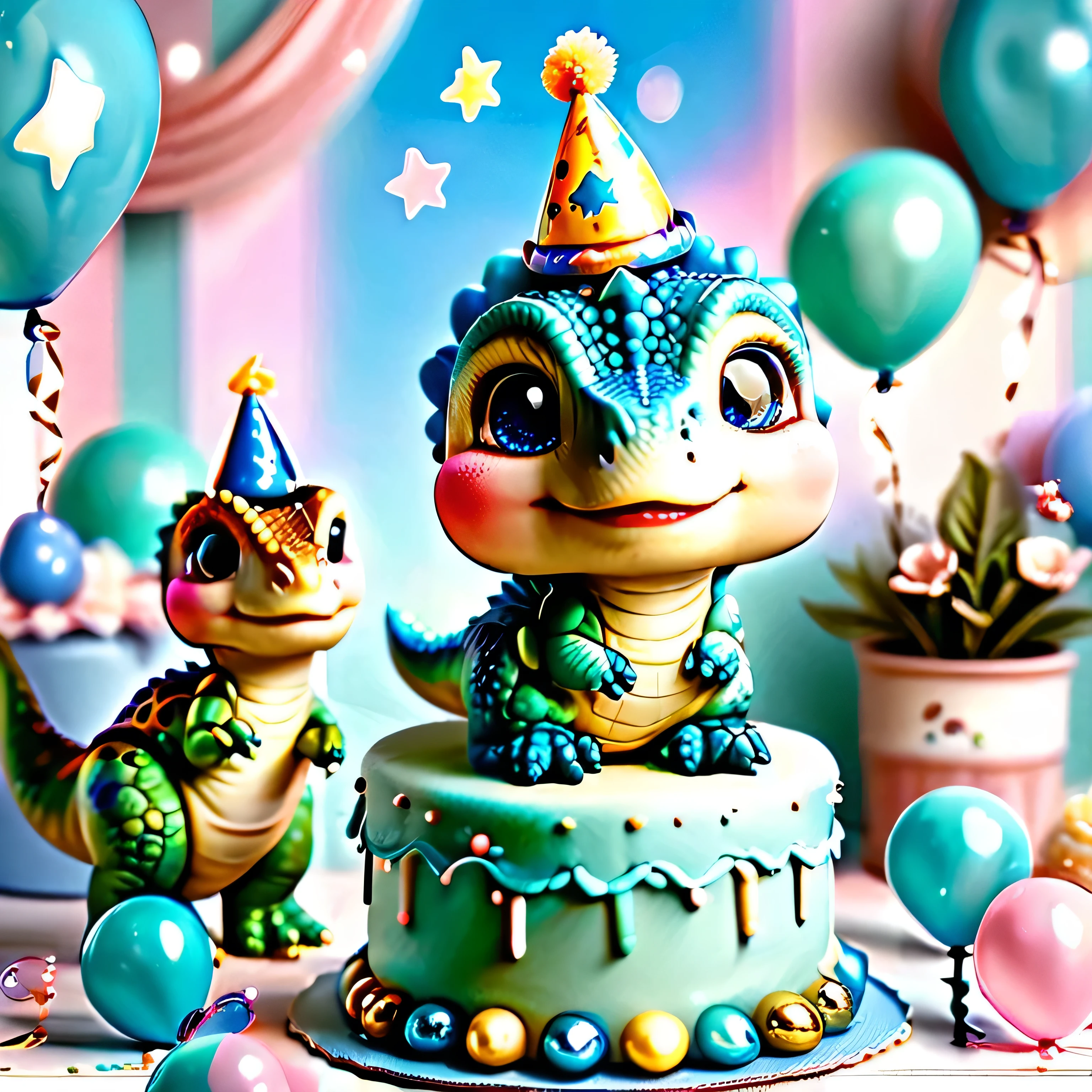 (best quality,4k,8k,highres,masterpiece:1.2),ultra-detailed,(realistic,photorealistic,photo-realistic:1.37),four baby dinosaurs,celebrating a birthday,beautiful two-tiered blue cake,party decorations, colorful balloons,shiny stars,pastel colors,joyful atmosphere,friendly dinosaurs,playful gestures,present boxes,green grass,cute party hats,birthday candles,festive atmosphere