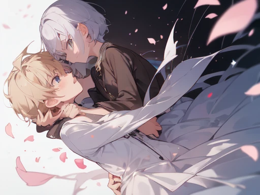 (absurdres), RAW photo, extremely delicate and beautiful, aesthetic,2 people, 2 shots, boy, looking away, 14 years old, friends, petals, stand, serious mood, 2 people, midnight, perfect composition, trending pixiv fanbox, clear eyes, anime hand drawn illustration, (perfect anatomy), (ingenious angle), beautiful composition,