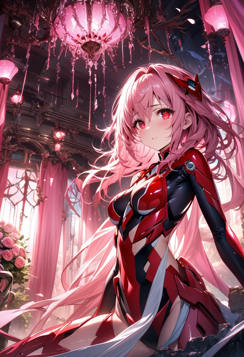 absurdres, highres, ultra detailed, HDR, masterpiece, extremely detailed face and eyes, beautiful eyes, amazing detailed eyes, extremely detailed features, Yuzuriha Inori, expressive red eyes, pink hair, Guilty Crown, solo, girl, beautiful, fantasy world, pink roses, pink curtains, shining pink lanterns, chandelier, sky, pink moon