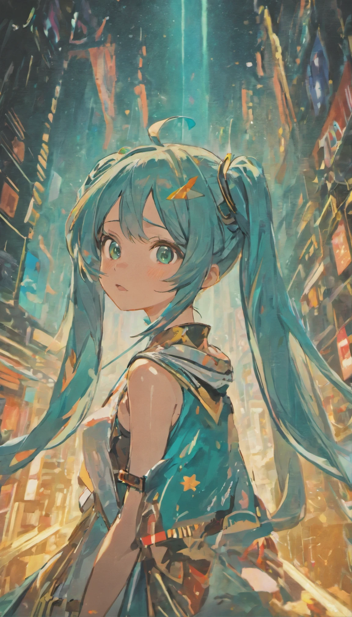 (1girl who drew Hatsune Miku、Ultra-detailed、A cowboy hat to accentuate big eyes、Intricately designed outfit with sequins and holographic effects、Detailed facial features with playful expressions、Artful digital art touch-up、 BREAK、Cowboy Setting、Dusty Road、Sunset in the background、Lasso in hand、High-contrast lighting creates depth and texture、Hatsune Miku's vibrant colors stand out against the earthy color scenes、 BREAK、Hatsune Miku's face close-up、Expressing determination and excitement、Freckles and pores are visible、Bring out the realism