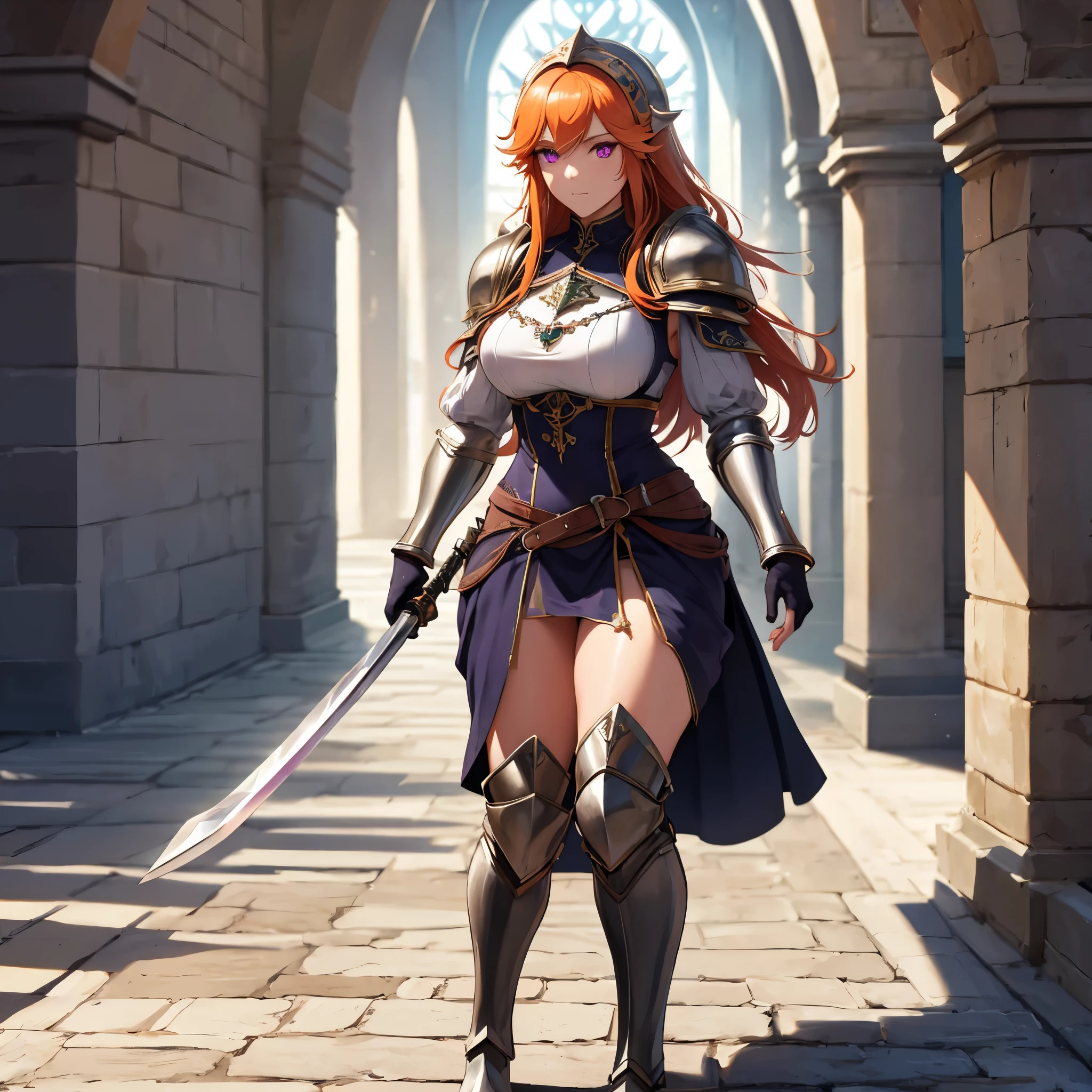A woman wearing medieval steel armor, shining armor, bracelet, medieval steel helmet, metal boots, holding a medieval sword, long orange hair, purple eyes, walking on a medieval road, background baroque cathedral, daytime location, body whole.,( solo woman), glow, drop shadow, flower, UHD, masterpiece, accurate, anatomically correct, textured skin, super detail, high quality, best quality, 8k, high resolution.