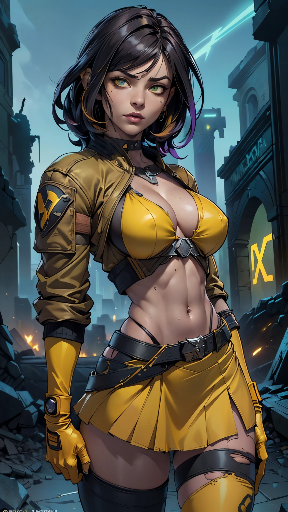 score_9, score_8_up, score_7_up, Rogue from X-Men , beautiful girl,,(Fondo de ruinas de mazmorra en ruinas:1.4 ), (miniskirt yellow plisada:1.4), ,(cabello largo negro :1.4), blush, perfect eyes, red hair with white bangs, flying in sky, half-closed eyes, hearts, seductive, green eyes, solo, nsfw, (tight torn yellow shirt:1.4) , (tight torn yellow pants:1.4) ,( yellow gloves_:1.4) , (exposed nippless__:1.4) ,( exposed vulvaa__:1.4) ,(bomber jacket with X-Men logo patch on one sleeve:1.4) , realistic, 18 year old, arms raised, ((nipslip)), body facing viewer , X-Men logo belt buckle, (Fondo ciudad destroyed apocalypse fantasy:1.4), (Obra maestra: 1.4), (8K, realista, foto cruda, La mejor calidad: 1.4),Dedos perfectos, Cinco dedos, anatomically correct,,(Fondo de ruinas de mazmorra en ruinas cyberpunk :1.4 ), (miniskirt yellow rasgados :1.4),( no mutaciones), (face detailed :1.4)