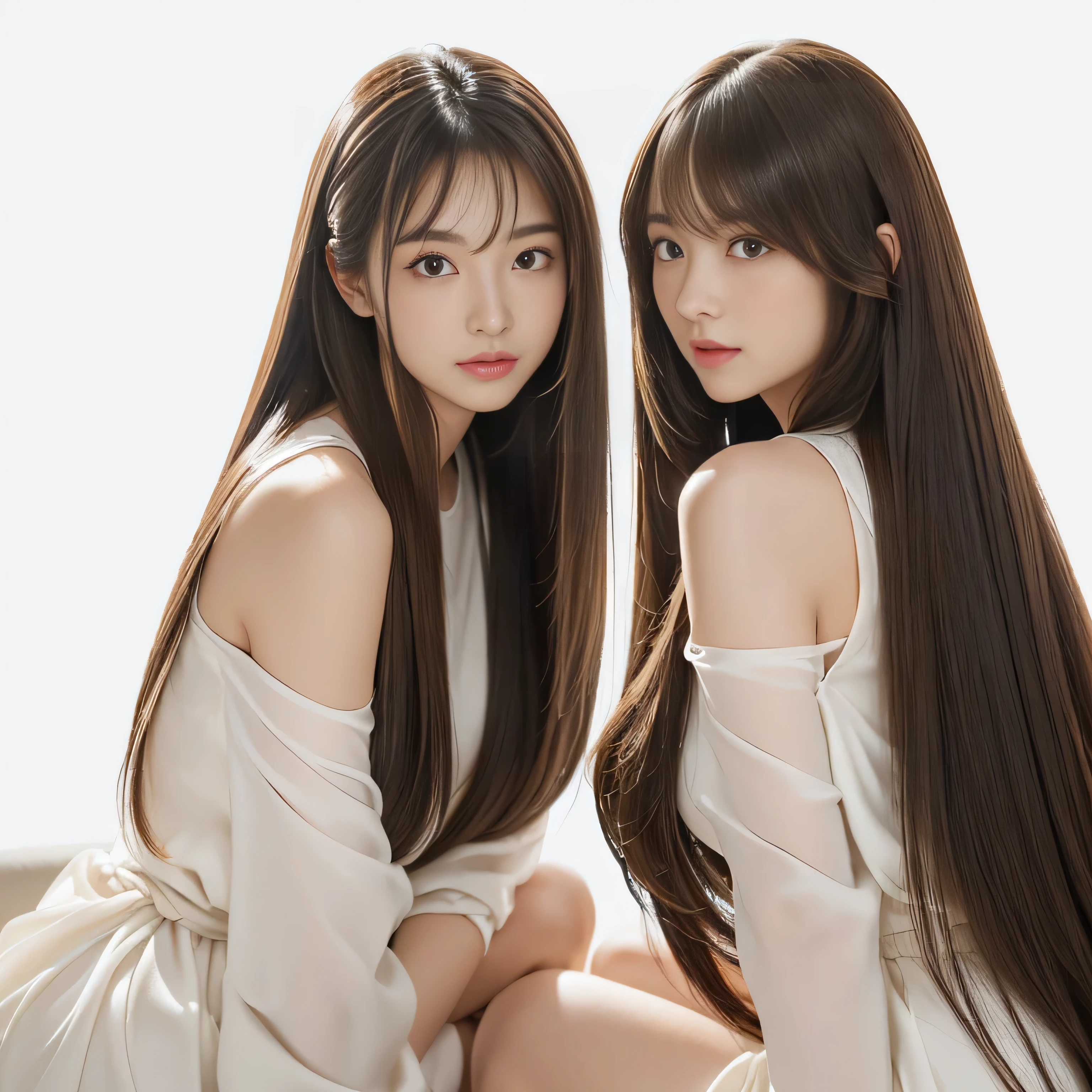 (They are identical twins and are practically clones.) (The woman on the right is posing in a way that makes her back and hair look as wide as possible.) (The woman on the left is posing exposing her face and breasts.) ((Close-up of two people from the waist up)) ((Beautiful 24 year old hair model with long light brown hair Fell straight down Reaches up to the kneeVery long hair highest quality Highest detail Reaches up to the knee、Very long hair that lasts forever:1.3 Flowing Hair 私ncredibly straight hair Very shiny そして thick hair Abnormally long hair that lasts forever Flowing Hair on both ends long hair up to the knees:1.2 long hair up to the knees:1.2 Thick and shiny hair Very free hair Abnormally long hair!!!!! Beautiful silky hair Beautiful and shiny hair Beautiful and shiny hair Beautiful silky hair Hair that grows to the knees Very very, Very long hair!!!!! Very very, Very long hair!!!!!)) (highest quality The best ultra-fine Reaches up to the knee、Very long hair that lasts forever Flowing Hair Her hair is gently permed Very shiny そして thick hair Abnormally long hair that lasts forever Flowing Hair on both ends long hair up to the knees:1.2 long hair up to the knees:1.2 Thick and shiny hair Very free hair Abnormally long hair!!!!! Beautiful silky hair Super long hair down to the knees Beautiful and shiny hair Beautiful and shiny hair Beautiful silky hair Hair that grows to the knees Very very, Very long hair!!!!! Very very, Very long hair!!!!!)) (Her bangs are perfectly trimmed and straight down.:1.3) ((Her hair color is light brown:1.5)) (Pure white wall background:1.8 Pure White Sofa) (Japan'The sexiest and most beautiful 24 year old model) (She looks at the viewer with a very seductive expression......) ((highest quality)), ((masterpiece)), (Familiar) (Get used to it) Perfect Face (Her skin is a typical Japanese skin color.. And very detailed) (Big Breasts:1.3) (She is wearing a shiny white camisole.) (She has a beautiful face and a typical Japanese figure...., Narrow eyes) (She has perfect 美しい and sexy makeup and face Lipstick is light red A solid eyeliner) ((Rich 1.4)) (Extremely detailed 8K) (Ultra-fine skin texture 1.4) (Actual, Vibrant:1.4), double eyelid Sharp focus:1.2、Beautiful woman:1.4 Dynamic Lighting (Genuine RAW photos taken by professional photographers) Professional Hair Shine. (She has a bright and cheerful face) (Her face is slim and dignified.., length, Narrow eyes..々Nice face)