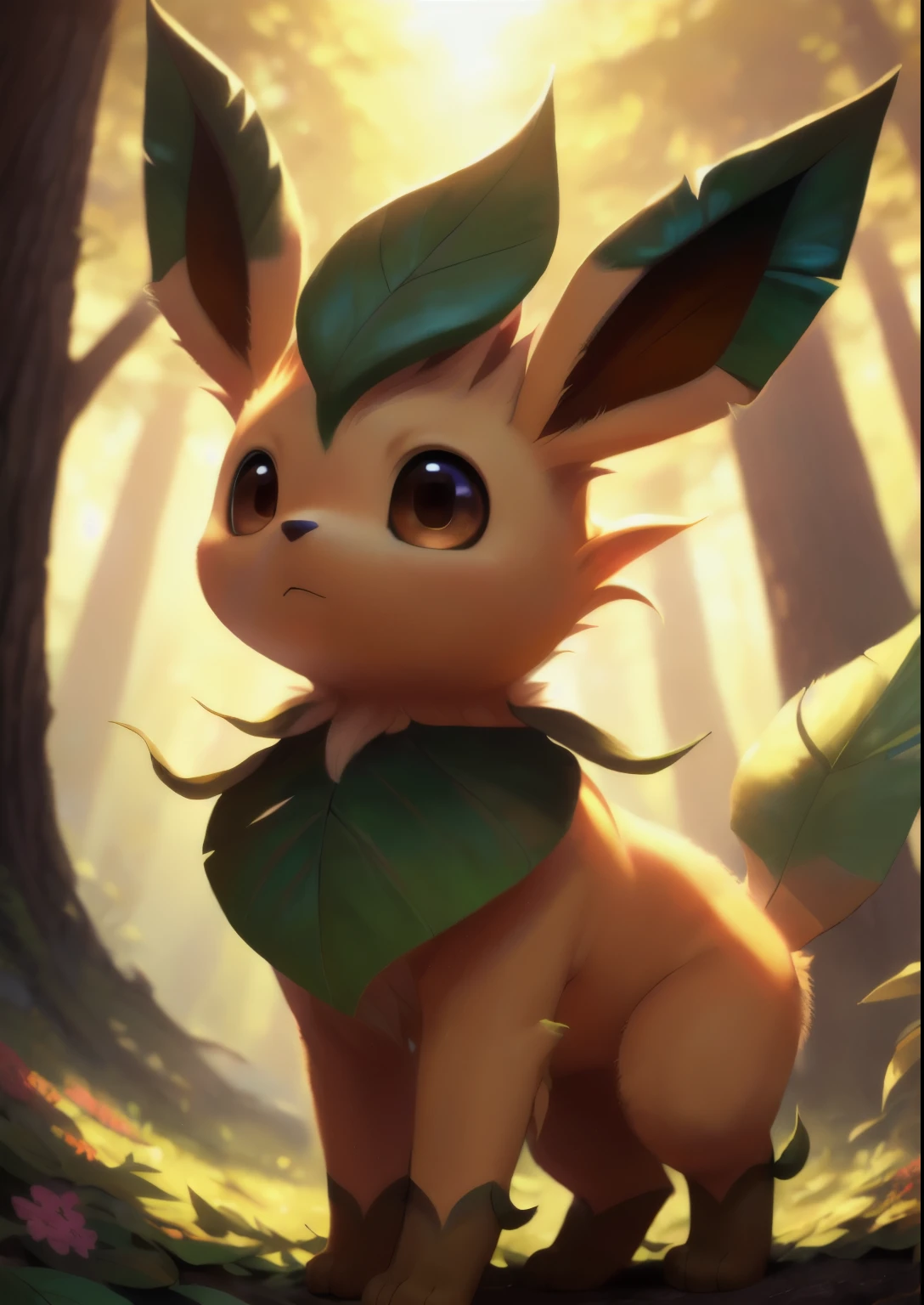 uploaded on e621, ((by Yookie, by Anton Fadeev, by Tomer Hanuka)),
solo chibi (quadruped feral:1.4) ((Leafeon)) with ((tan body)) and ((((leaf ears)))) and ((leaf tail)) and ((clear dark brown eyes)) and ((leaf elements decorate)),
(detailed Leafeon), ((detailed fluffy fur)),
(full-length portrait, looking at viewer, side view, [low-angle view]:1.2),
BREAK,
(detailed background, depth of field, half body shadow, sunlight, ambient light on the body),
(intricate:0.7), (high detail:1.2), (unreal engine:1.3), (soft focus:1.1),
[explicit content, questionable content], (masterpiece, best quality, 4k, 2k, shaded, absurd res) hugging eevee near a row of flowers close to a tree on a winter's day anime style