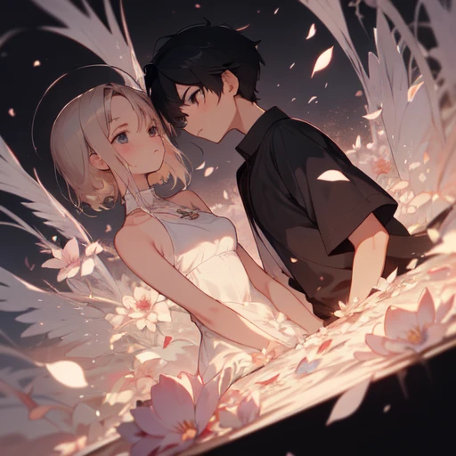 (absurdres), RAW photo, extremely delicate and beautiful, aesthetic,2 people, 2 shots, boy, looking away, , friends, petals, stand, serious mood, 2 people, midnight, perfect composition, trending pixiv fanbox, clear eyes, anime hand drawn illustration, (perfect anatomy), (ingenious angle), beautiful composition,