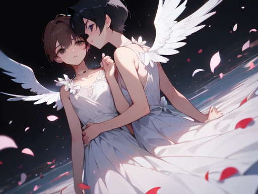 (absurdres), RAW photo, extremely delicate and beautiful, aesthetic,2 people, 2 shots, boy, looking away, 14 years old, friends, petals, stand, serious mood, 2 people, midnight, perfect composition, trending pixiv fanbox, clear eyes, anime hand drawn illustration, (perfect anatomy), (ingenious angle), beautiful composition,